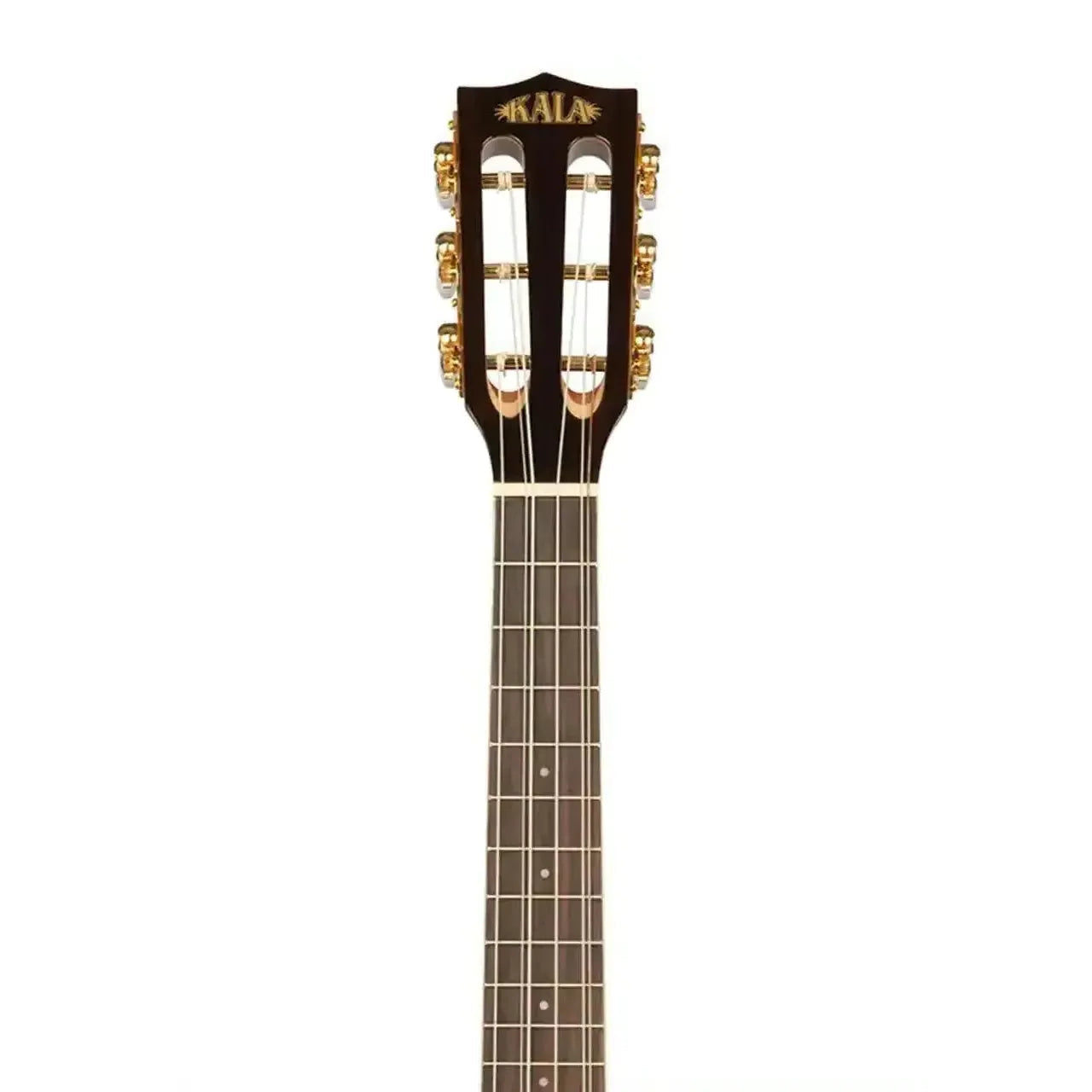 Kala KA-6 Gloss Mahogany 6-String Tenor Ukulele headstock with slotted design and gold tuners.