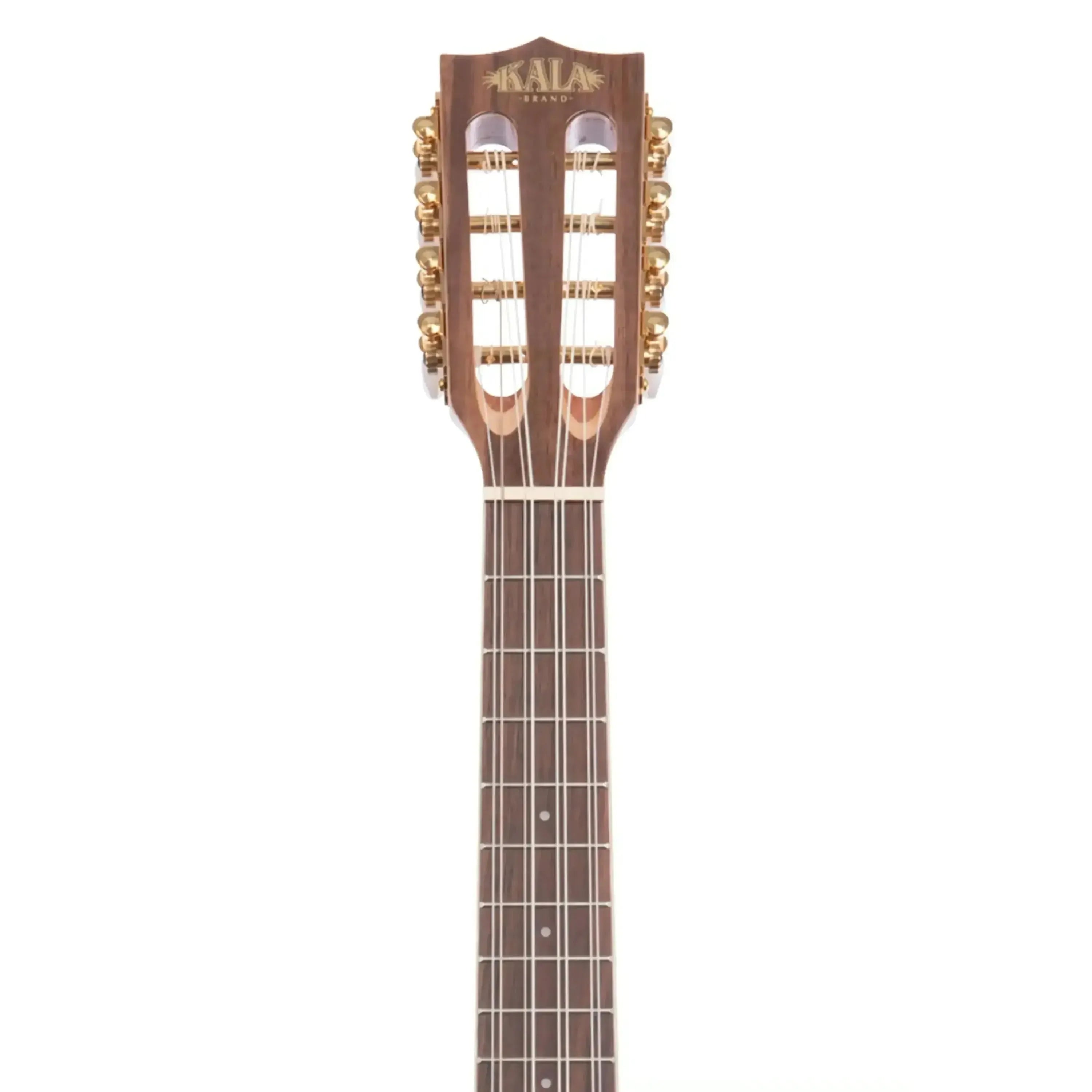 Kala KA-8 8-String Tenor Ukulele headstock with mahogany, slotted design, gold tuners, and rosewood fingerboard.