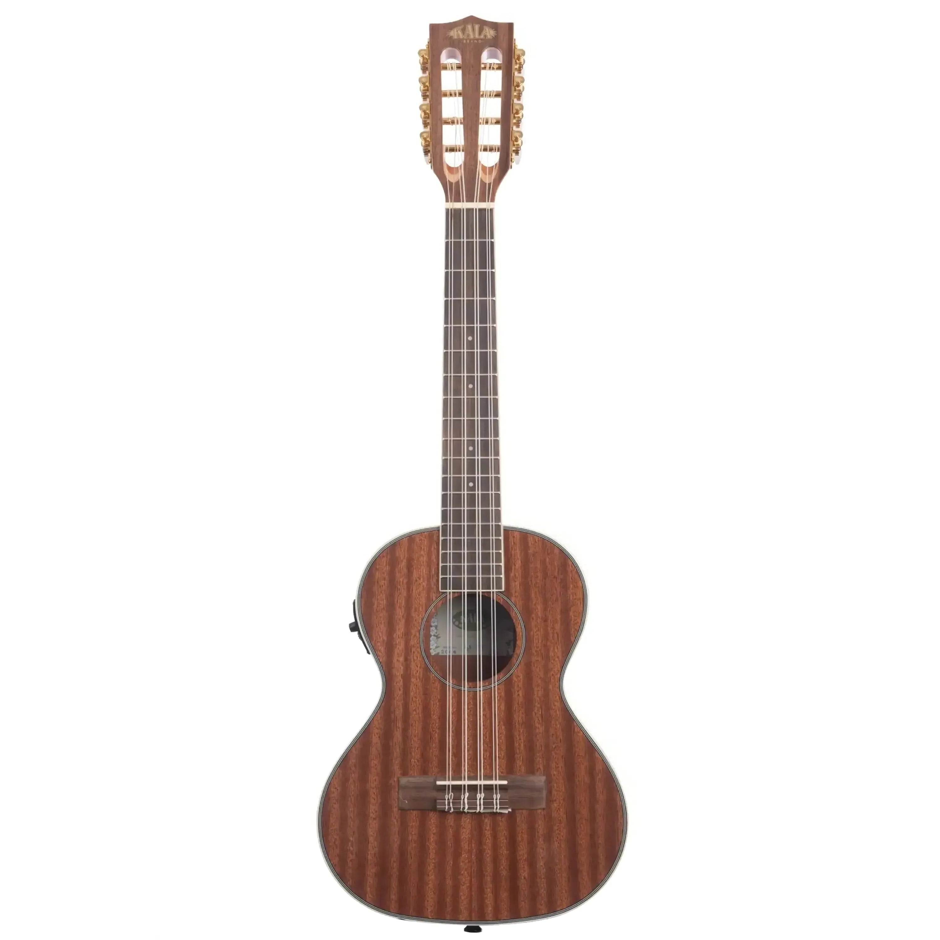 Kala KA-8E Gloss Mahogany 8-String Tenor Ukulele with EQ, showing its dark wood body and slotted headstock.