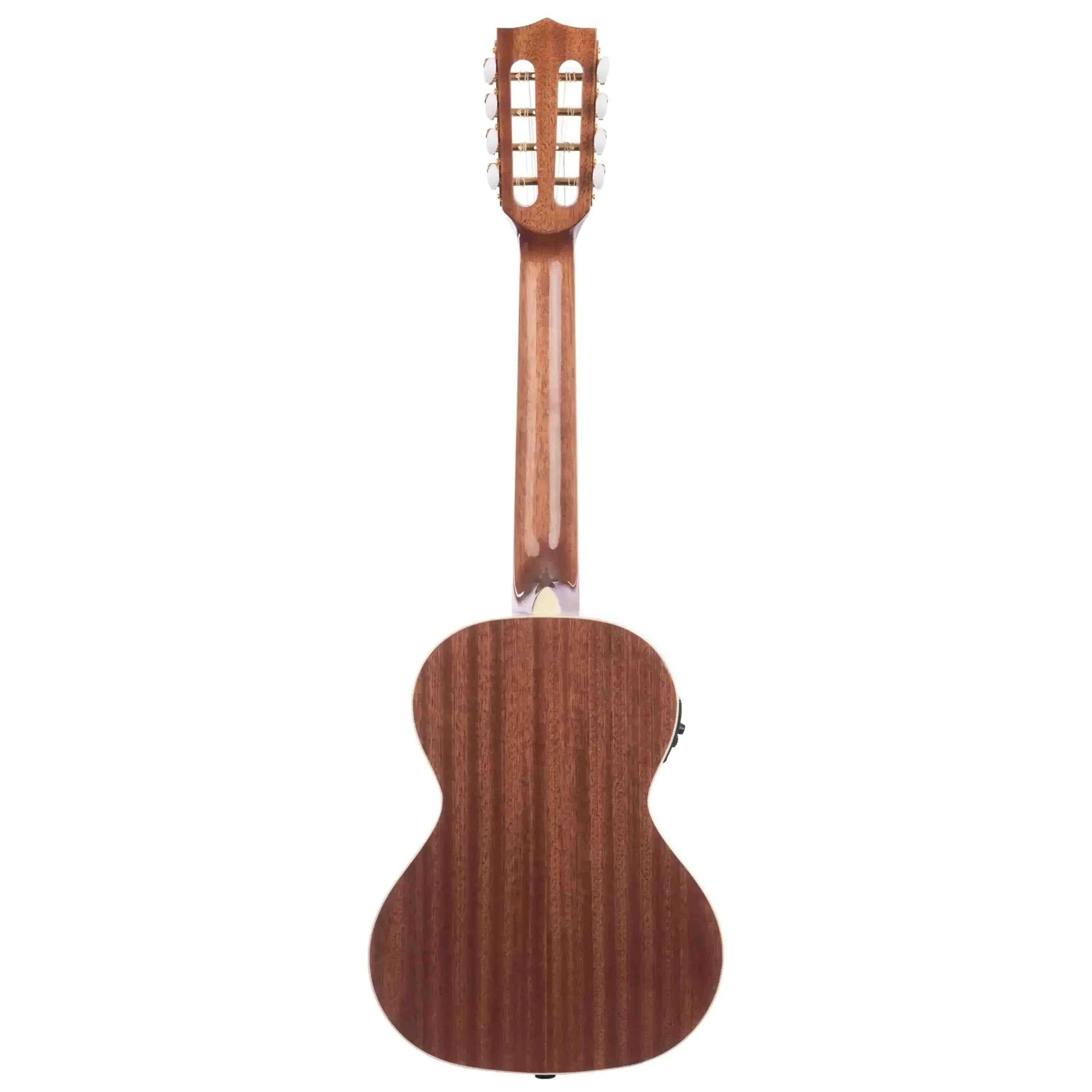 Back of a Kala KA-8E Gloss Mahogany 8-String Tenor Ukulele with a slotted headstock and cream binding.