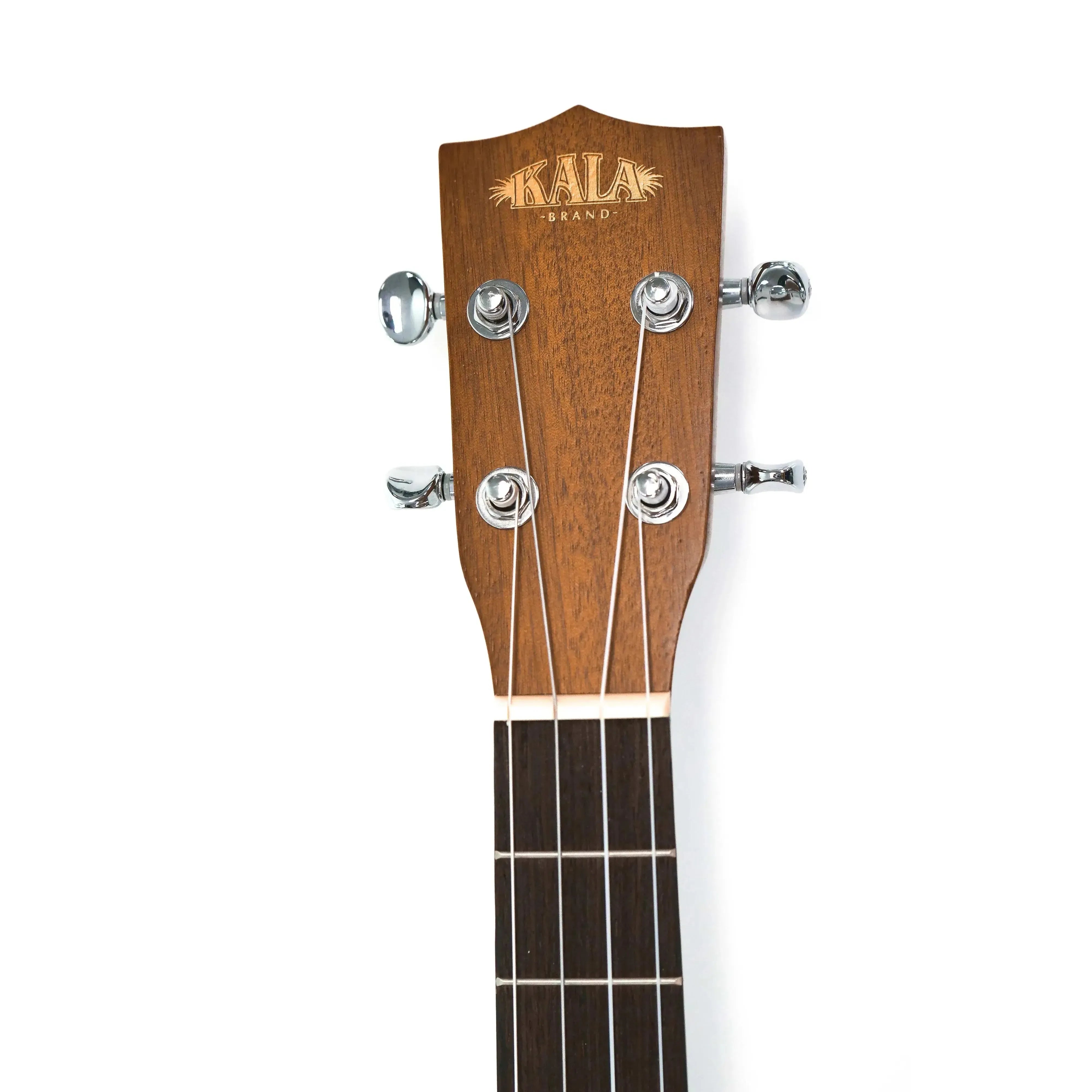 Kala KA-B Baritone Ukulele headstock with mahogany finish, silver tuners, and logo.