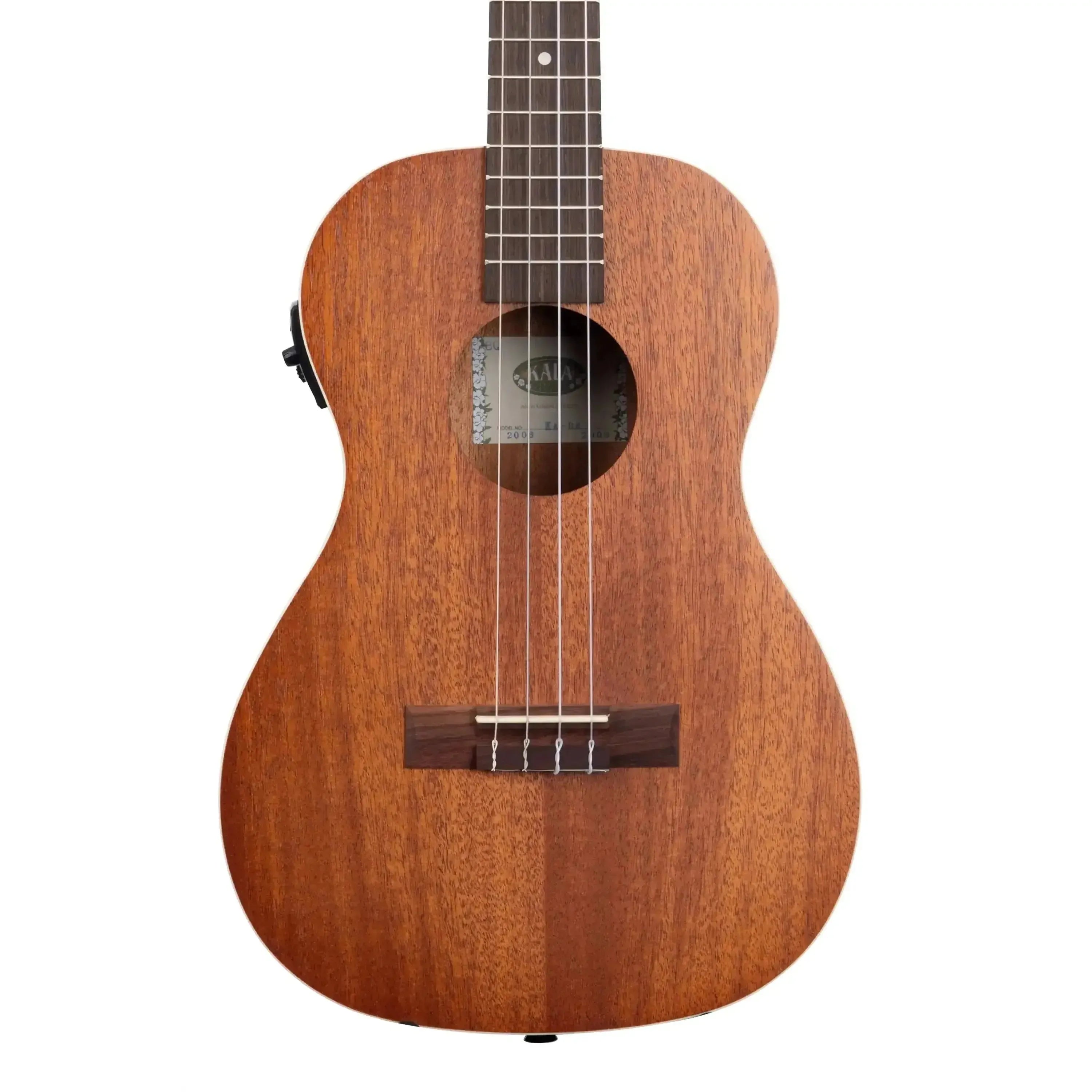 Kala KA-BE mahogany baritone ukulele with cream binding, satin finish, and built-in EQ.