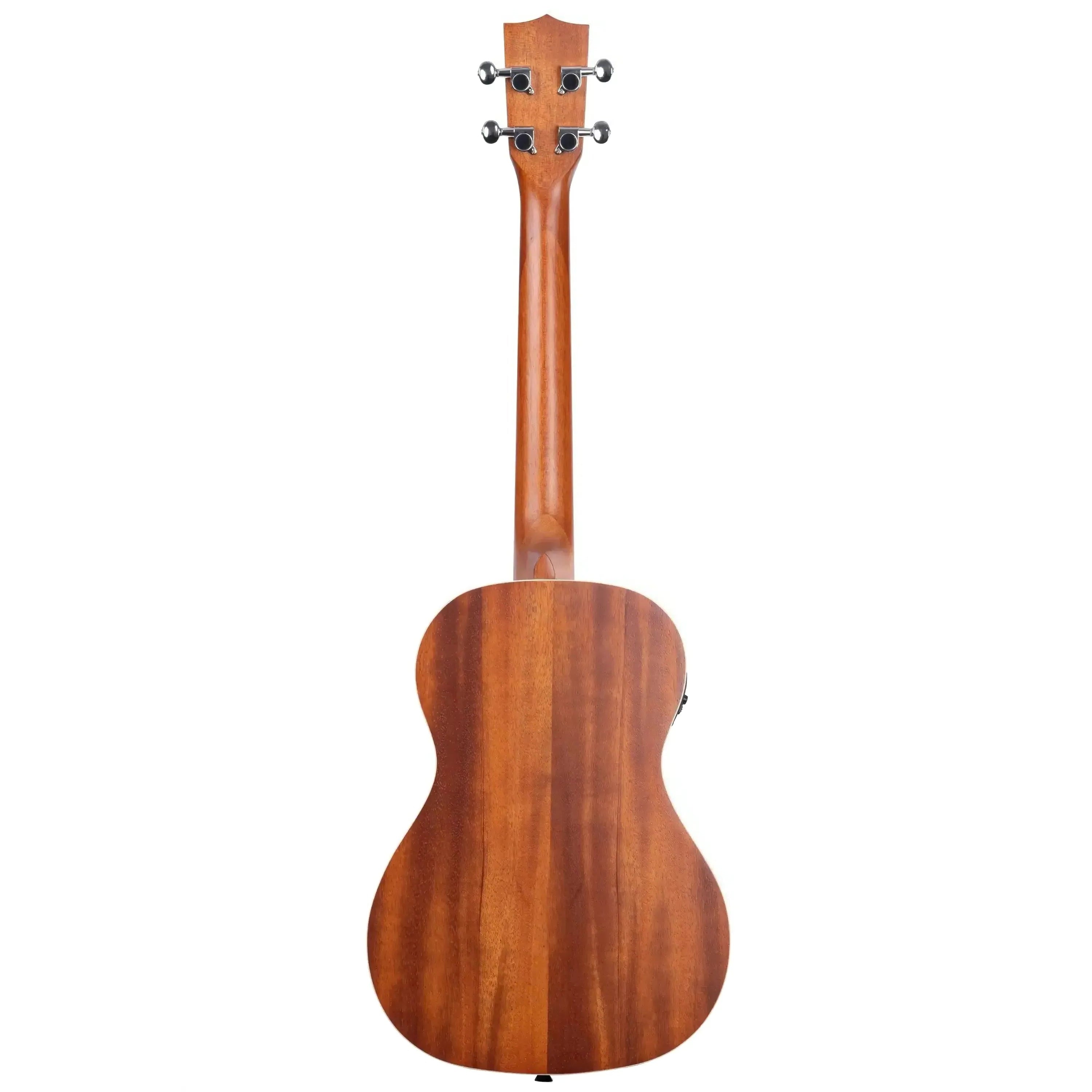 Back of a Kala KA-BE mahogany baritone ukulele with satin finish and cream binding.