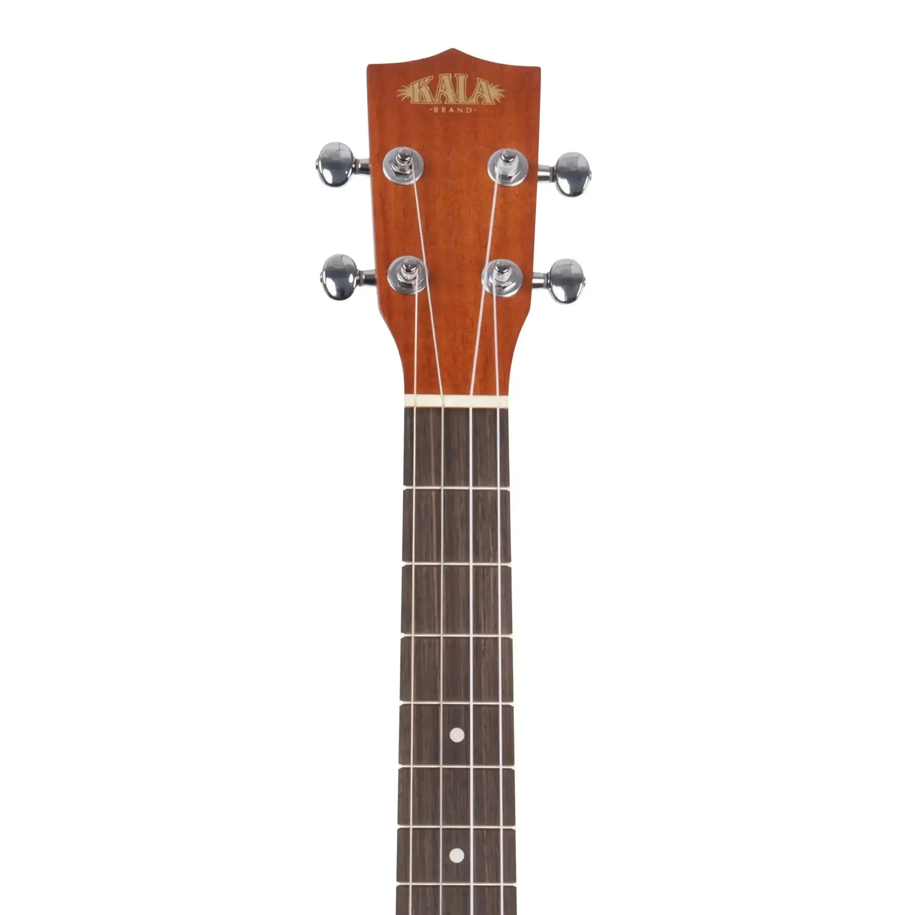 Kala KA-BE Baritone Ukulele headstock with mahogany finish, chrome tuners, and rosewood fingerboard.