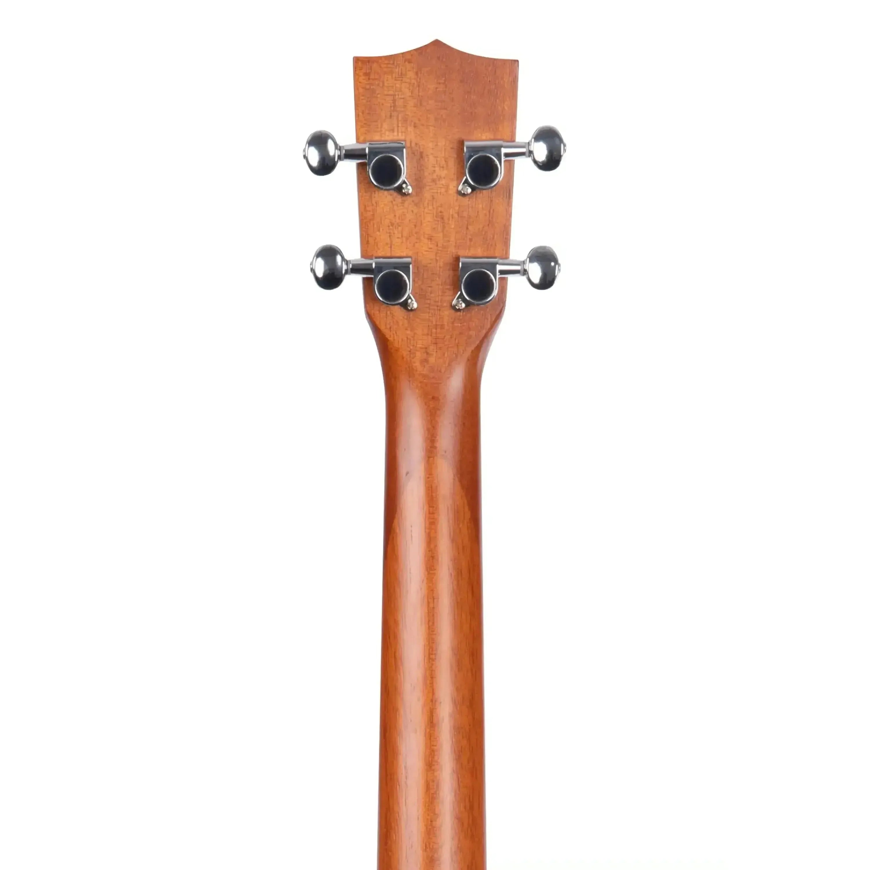 Back of Kala KA-BE mahogany baritone ukulele headstock and neck with chrome tuners.