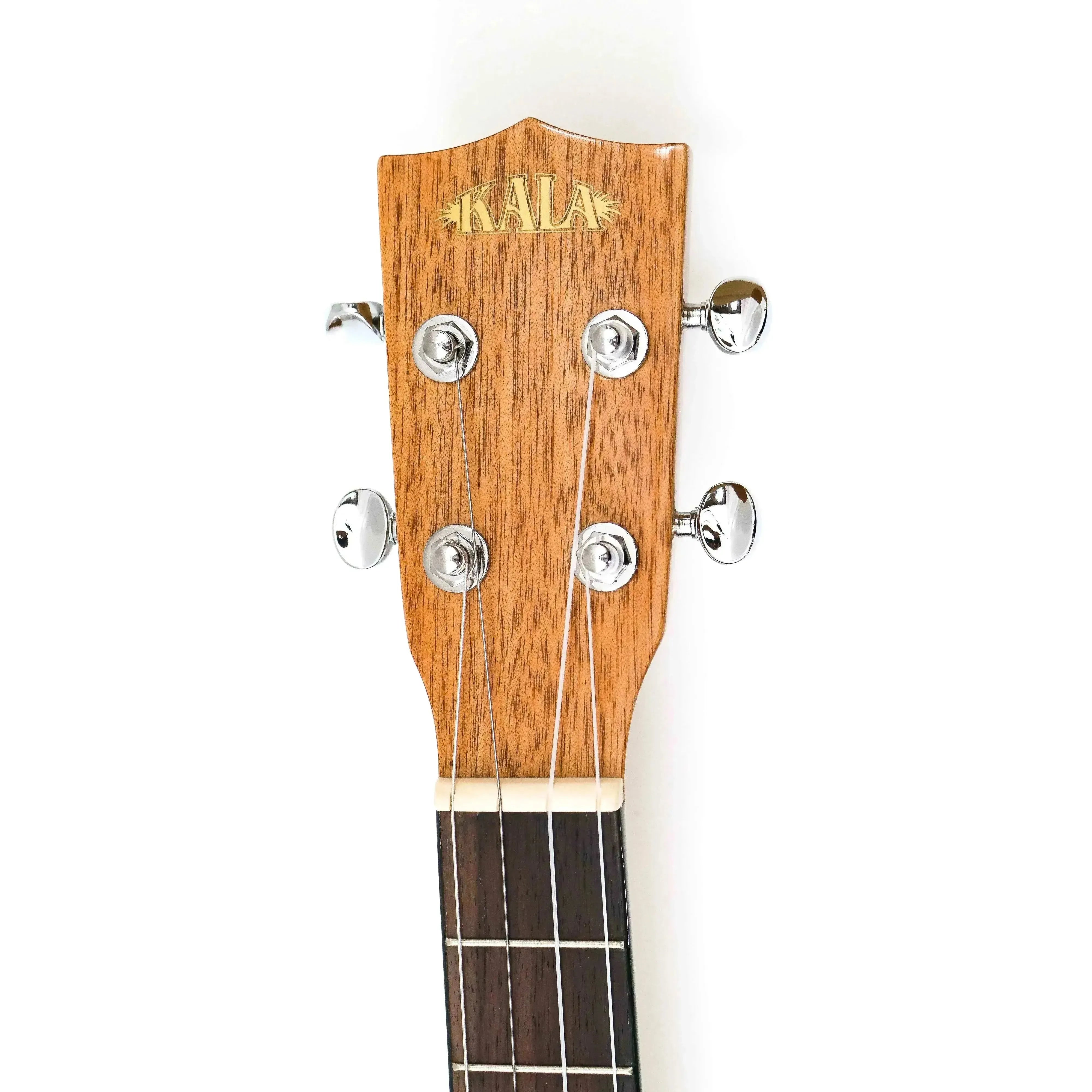 Kala Gloss Mahogany Baritone Ukulele headstock with gold logo, chrome tuners, and rosewood fingerboard.