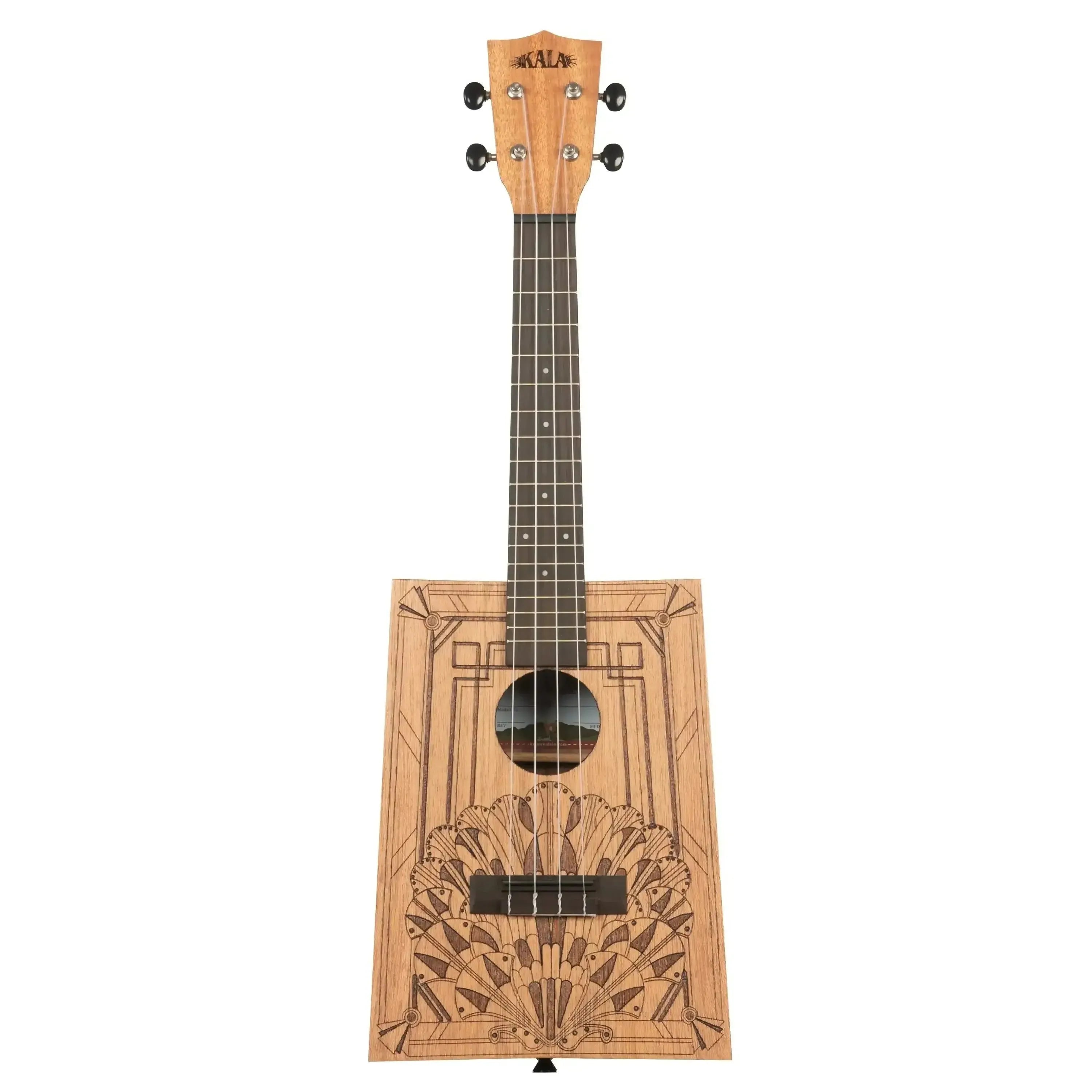 Kala KA-CB-DECO Cigarbox Concert Ukulele with Art Deco laser-etched Meranti wood body.
