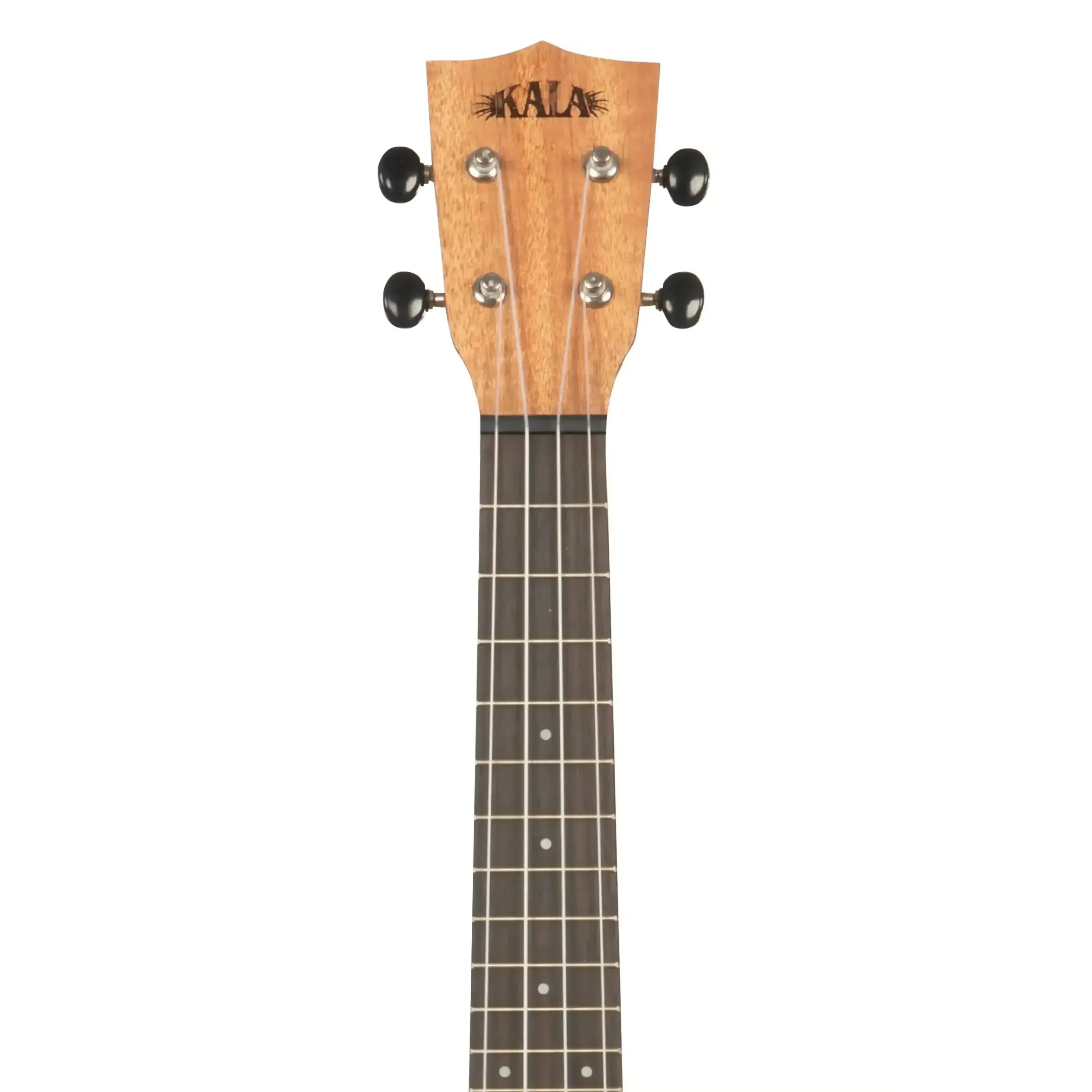 Kala ukulele headstock and fretboard, natural wood with black tuners and dark fingerboard.