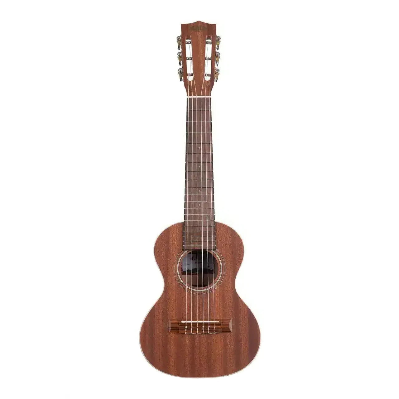 Kala KA-GL satin mahogany guitarlele with slotted headstock and cream binding.