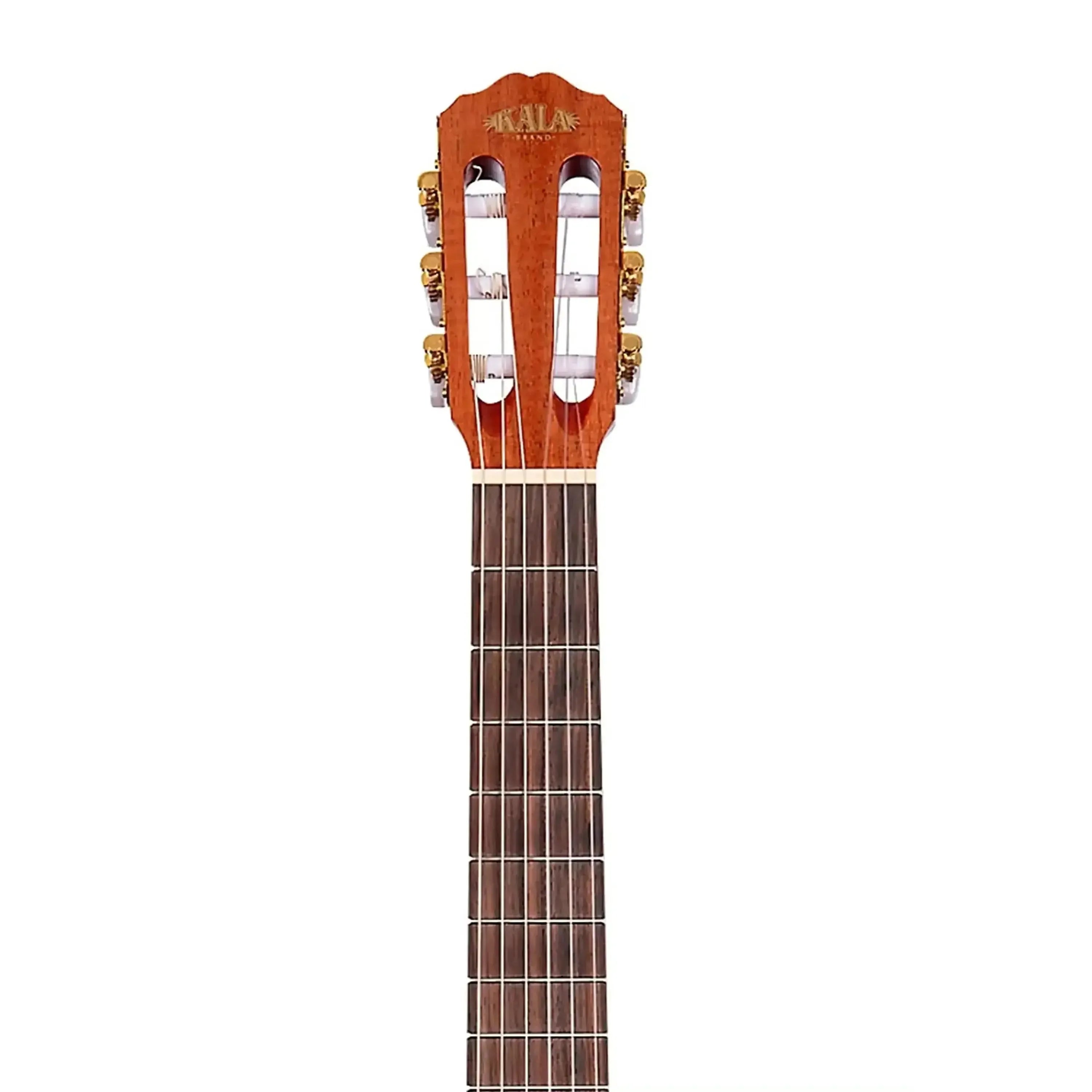 Kala 3/4 size classical guitar headstock with slotted design, gold tuners, and rosewood fingerboard.