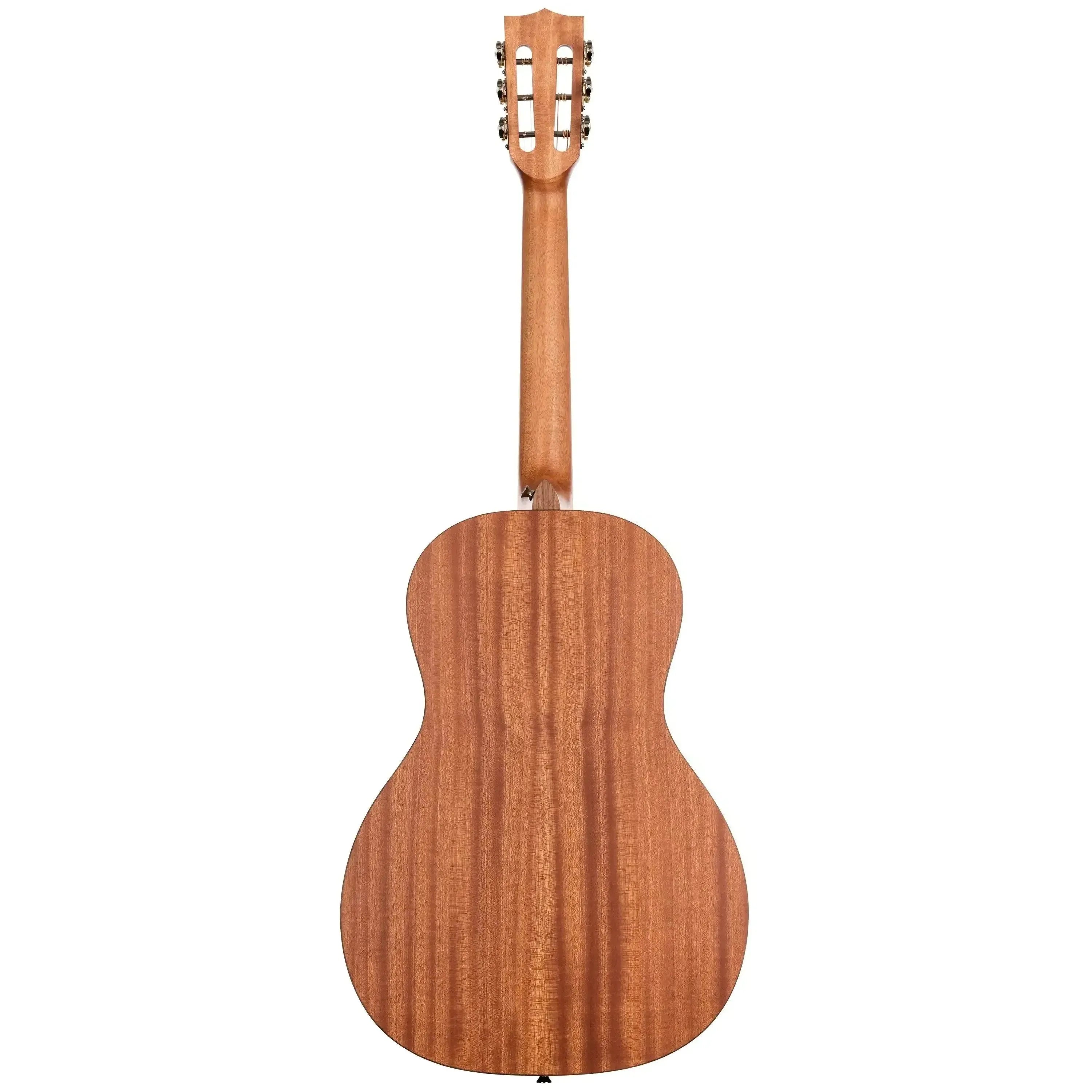 Kala KA-GTR-PLR Parlor Guitar, back view, showing mahogany wood grain and neck.