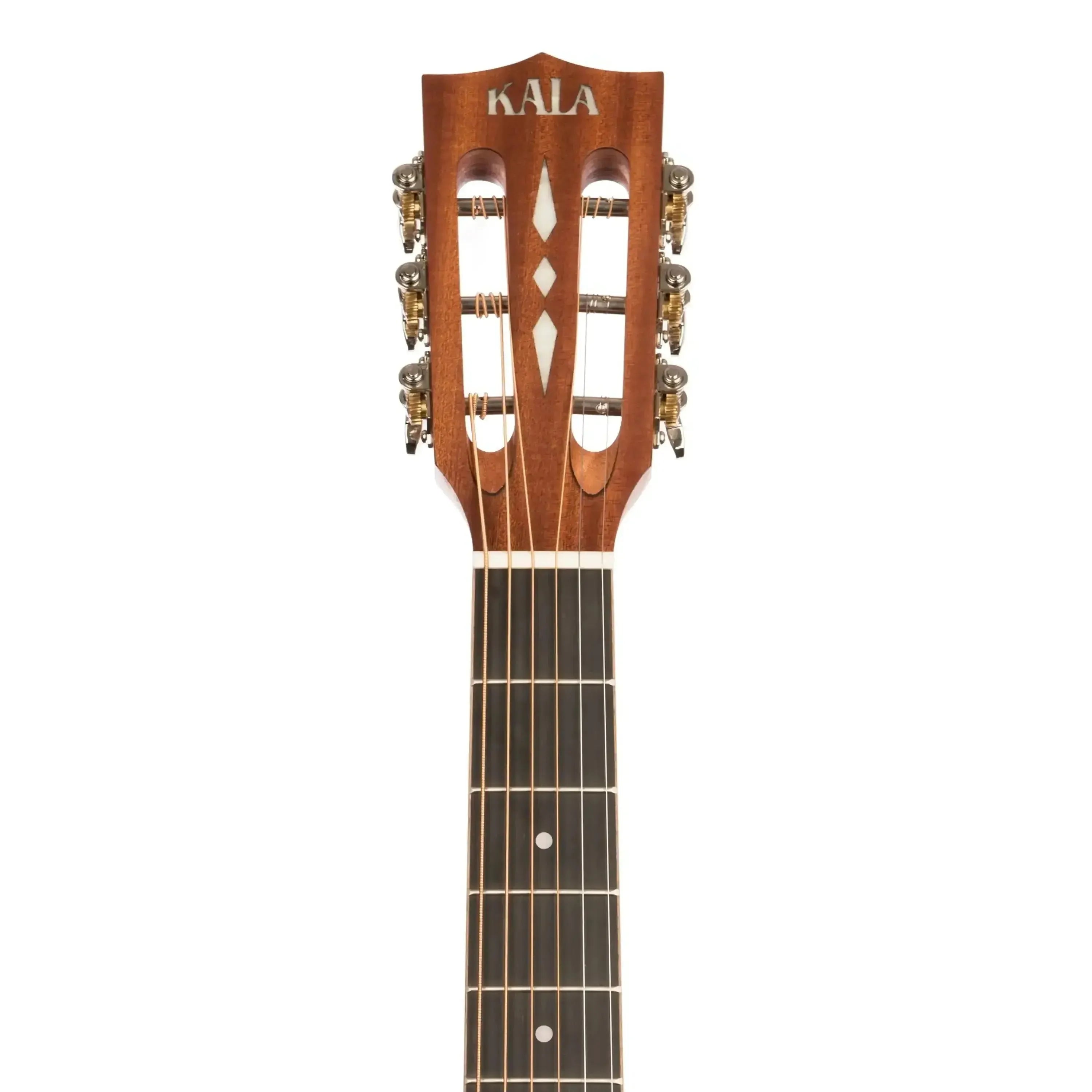 Kala KA-GTR-PLR Parlor Guitar headstock with mahogany finish, gold tuners, and white diamond inlays.