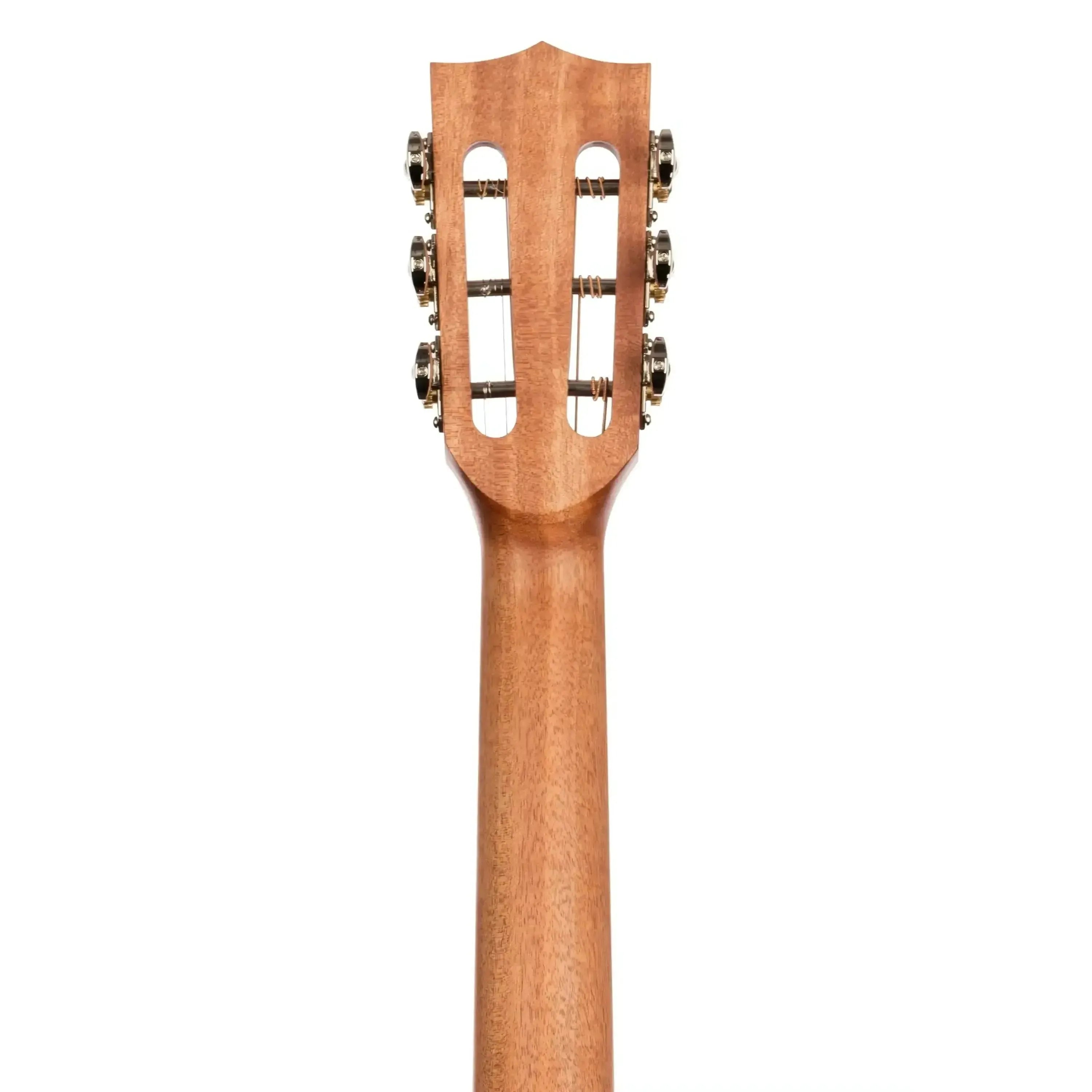 Kala KA-GTR-PLR Parlor Guitar headstock and neck, natural mahogany wood with gold tuners.