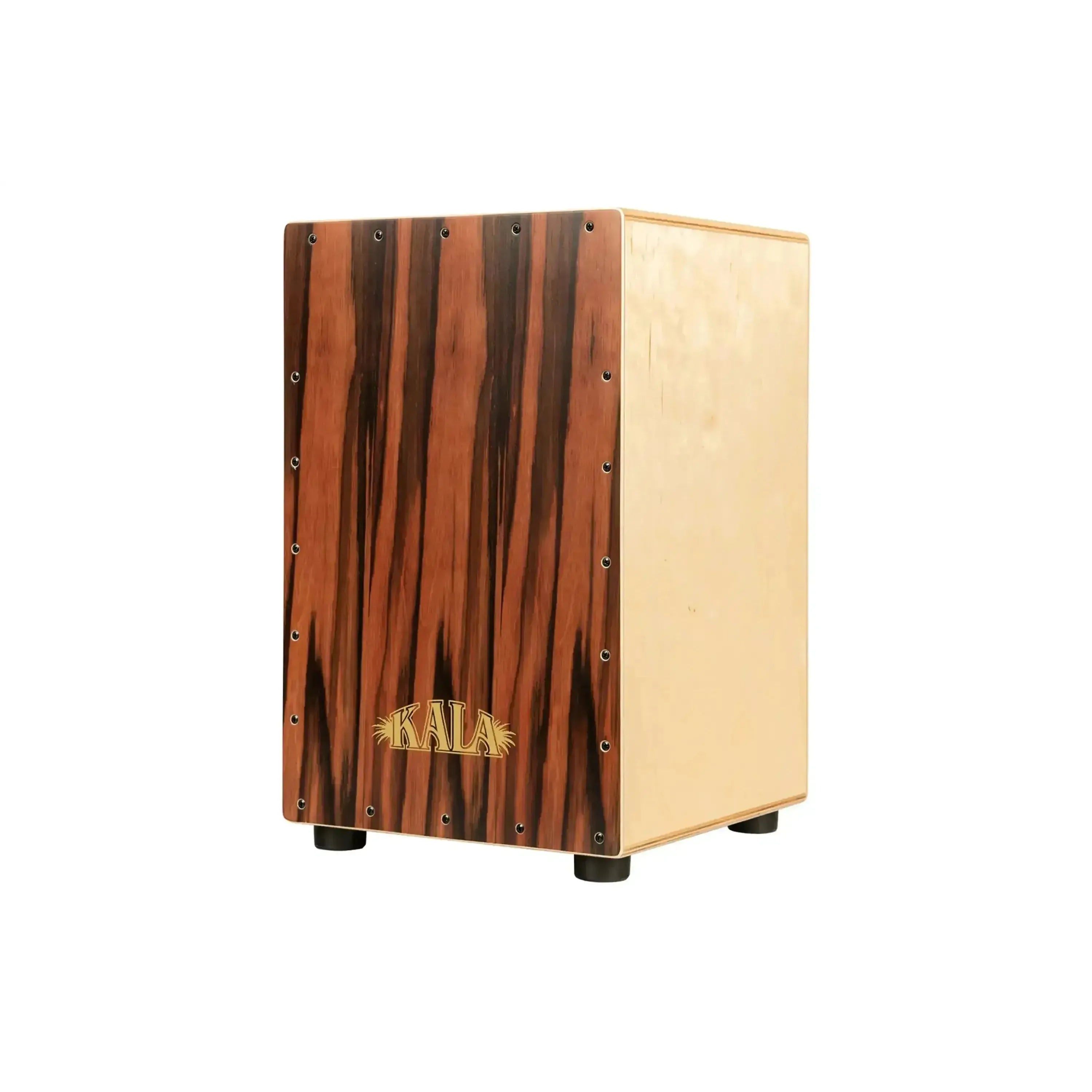 Kala KA-KP-CAJON-EBONY cajon with dark ebony wood faceplate and light wood sides.
