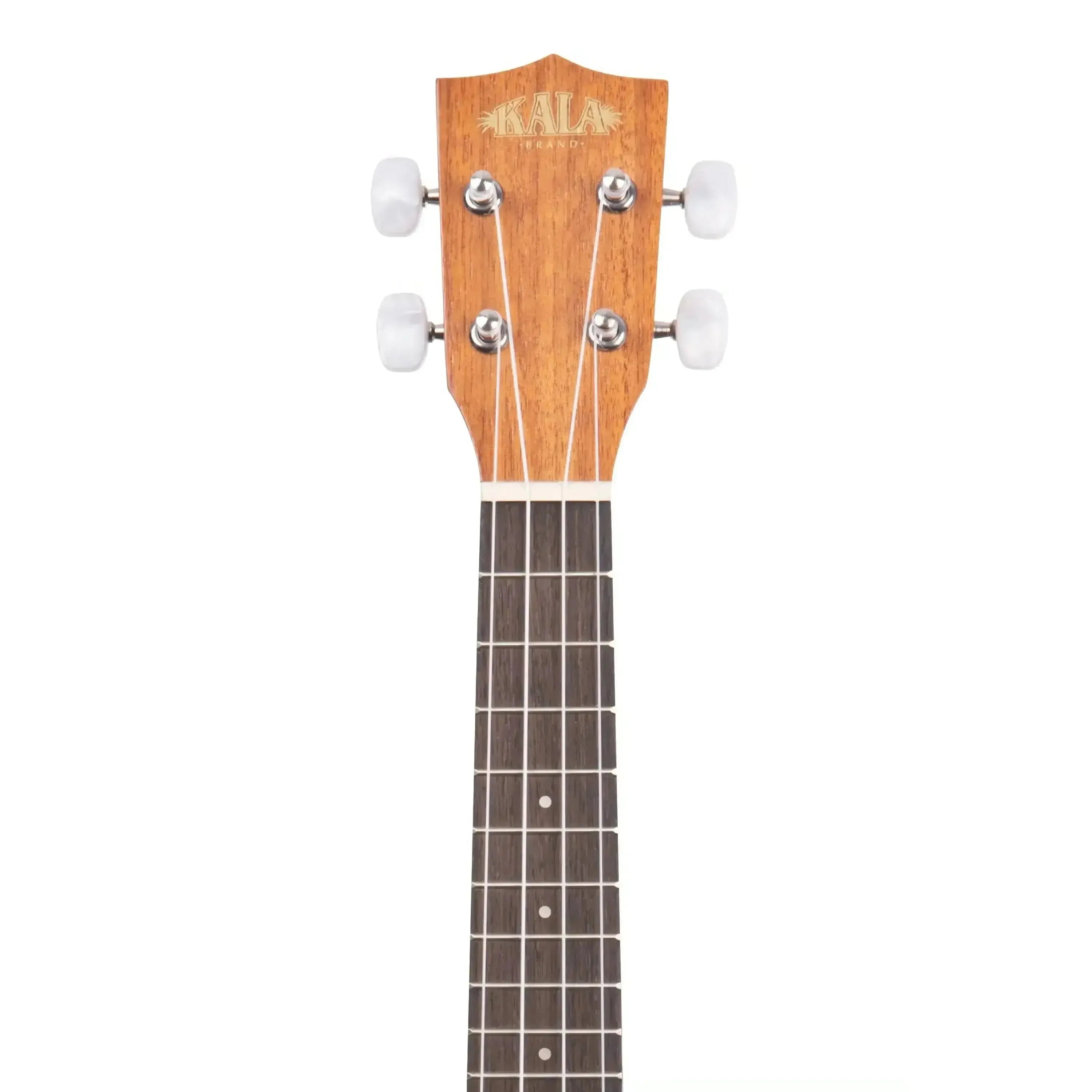 Kala KA-P ukulele headstock with mahogany finish, white tuners, and rosewood fingerboard.