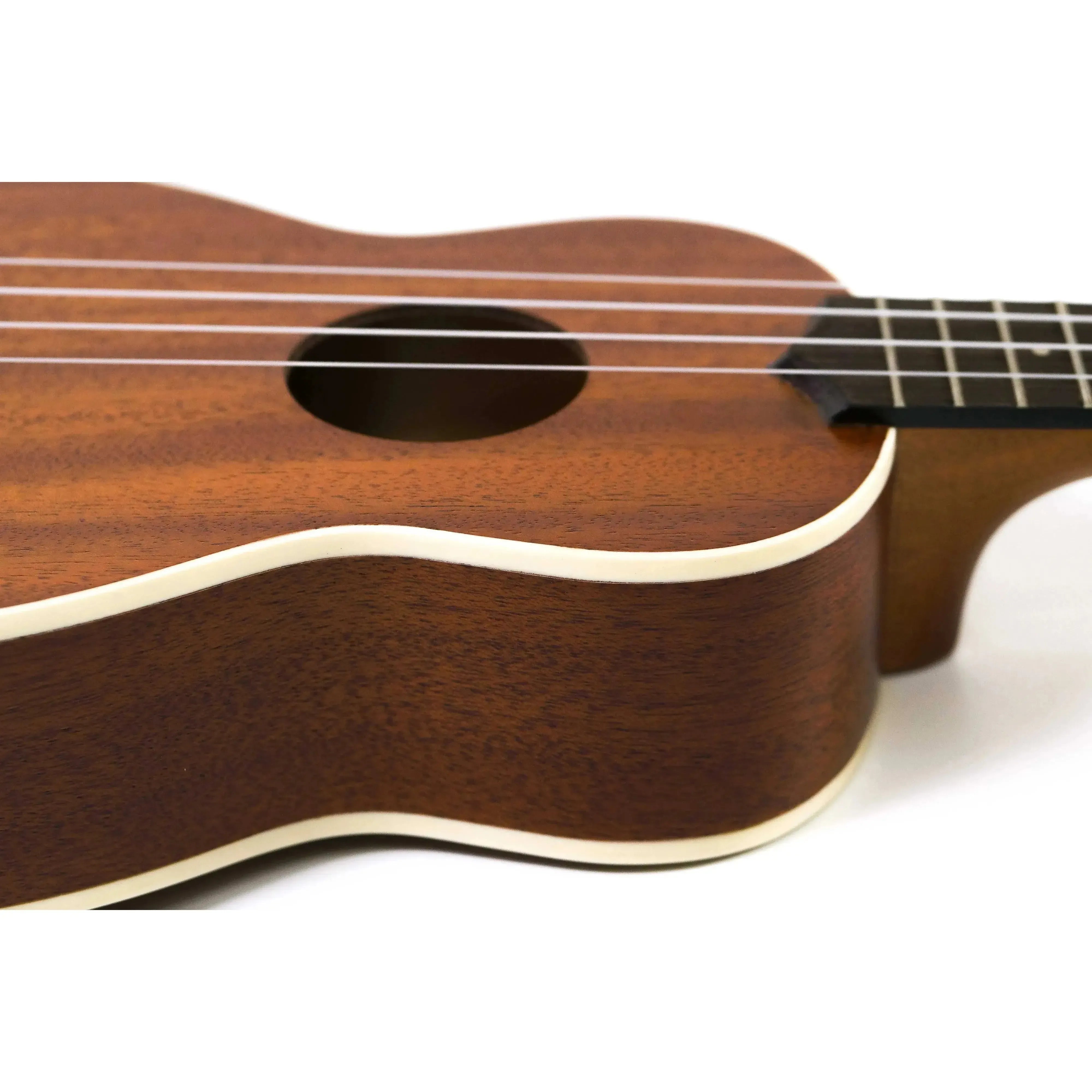 Kala KA-S Soprano Ukulele, satin mahogany body with cream binding, soundhole, and strings.