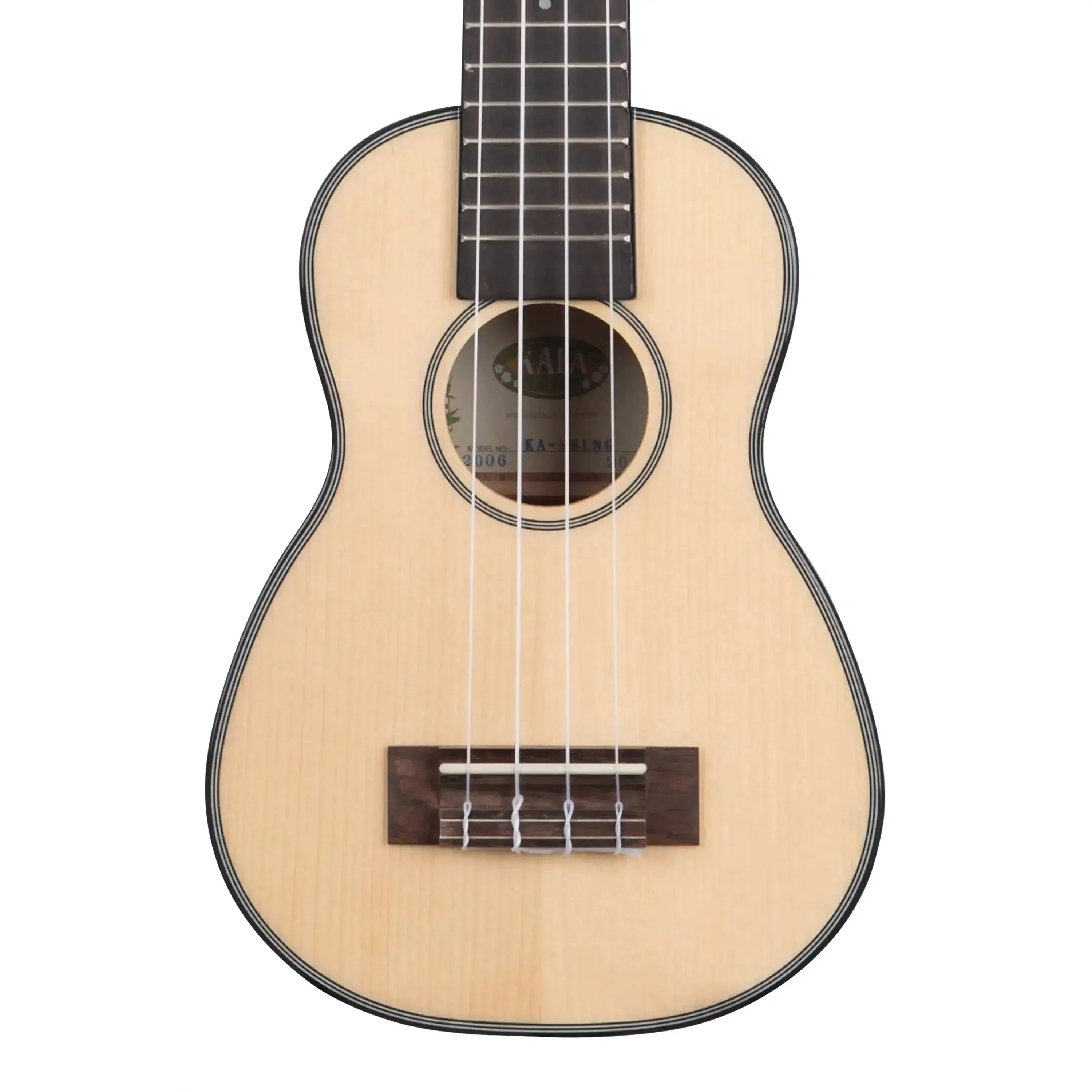 Kala KA-SSLNG Longneck Soprano Ukulele with light spruce top, dark binding, and rosewood bridge.