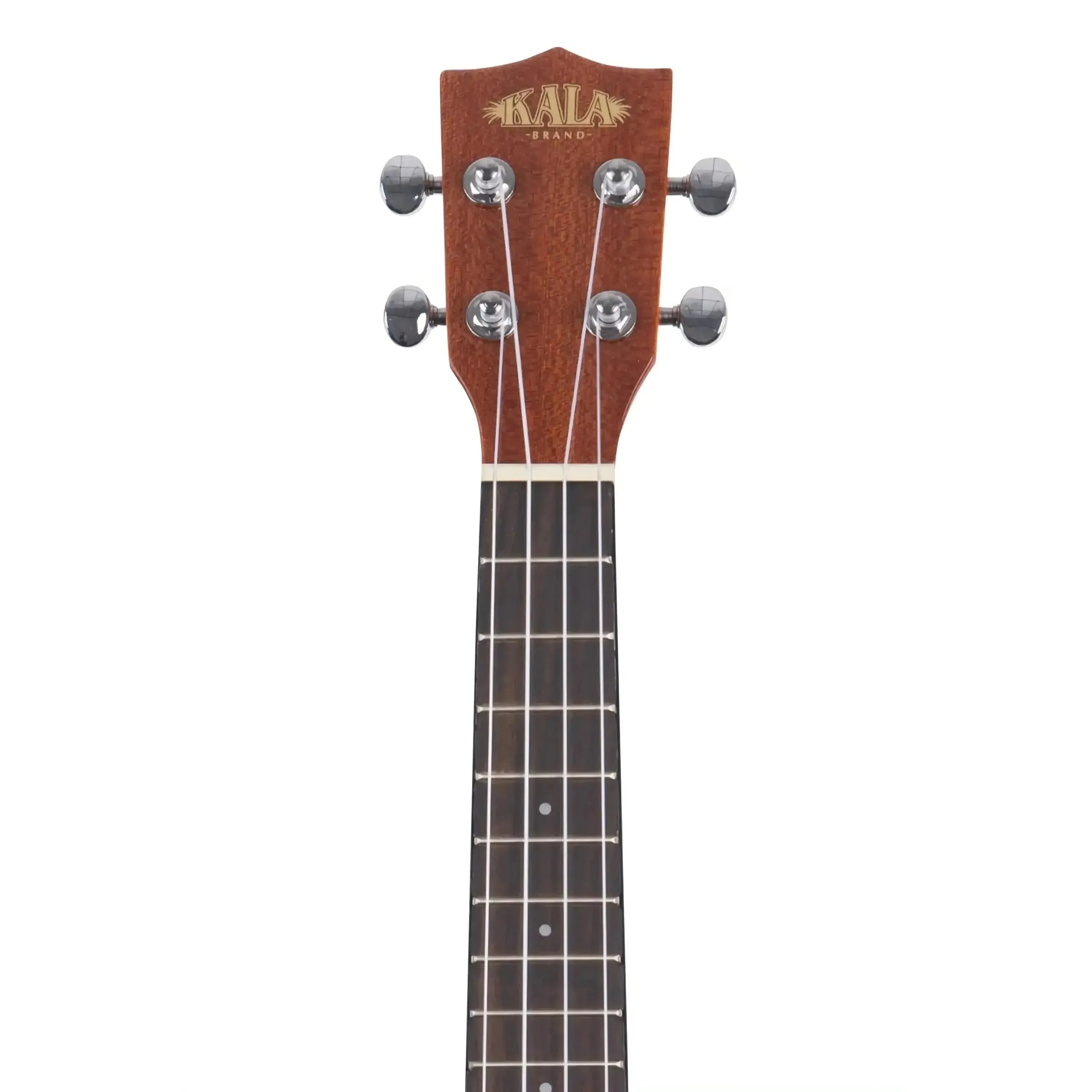 Kala KA-SSLNG Longneck Soprano Ukulele headstock with mahogany finish and silver tuners.