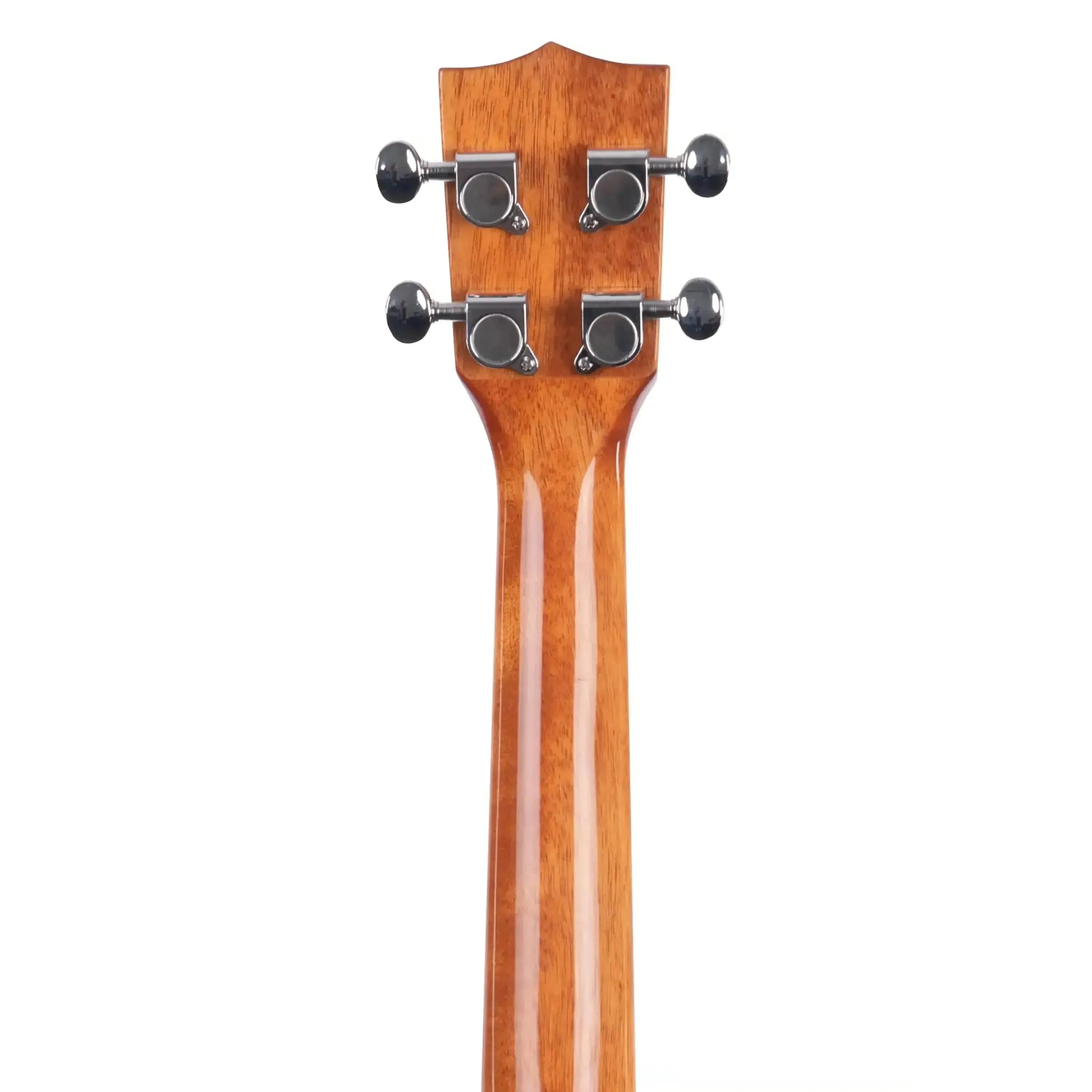 Back of Kala KA-SSLNG soprano ukulele neck and headstock with mahogany finish and chrome tuners.