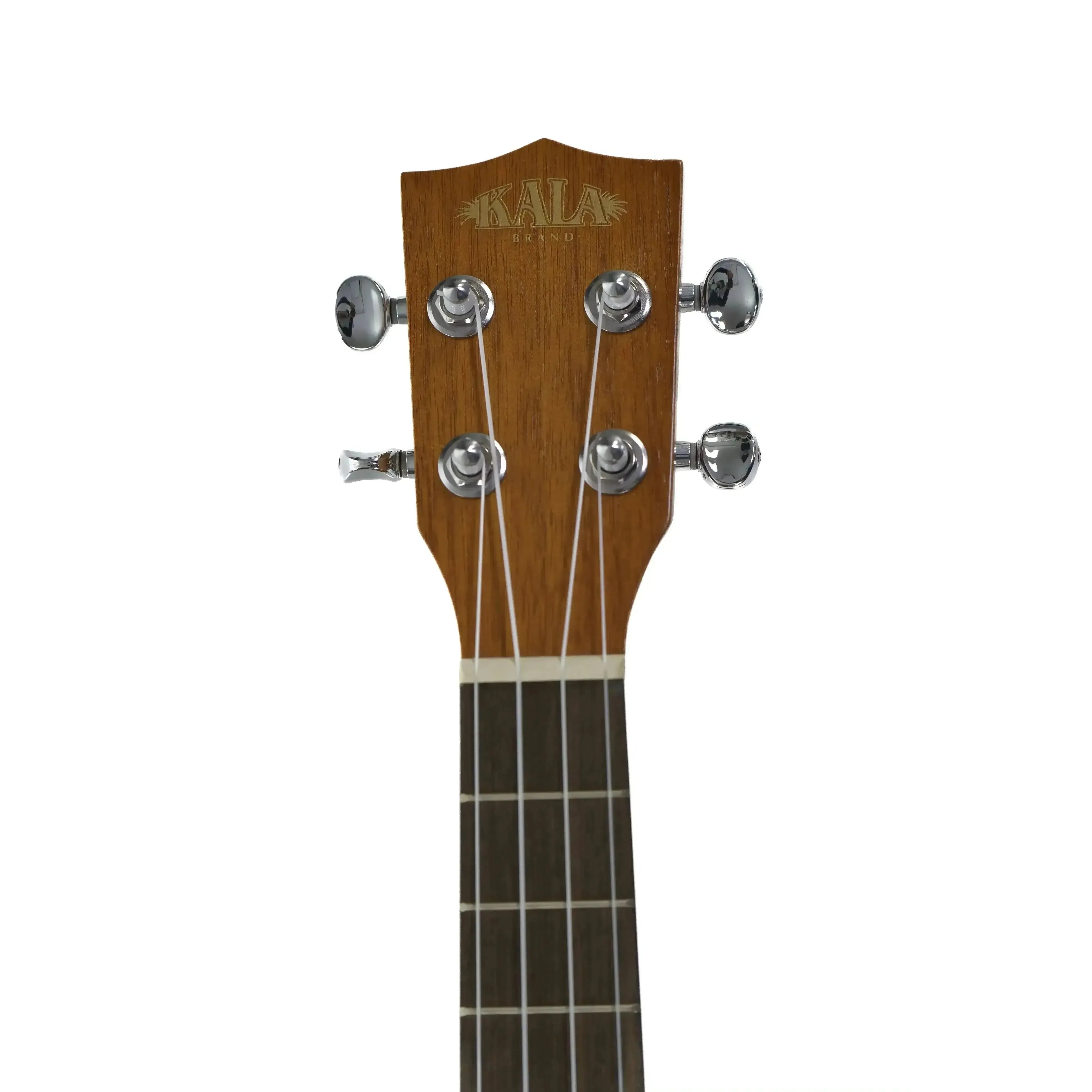 Kala KA-T Tenor Ukulele headstock with mahogany finish, chrome tuners, and white strings.