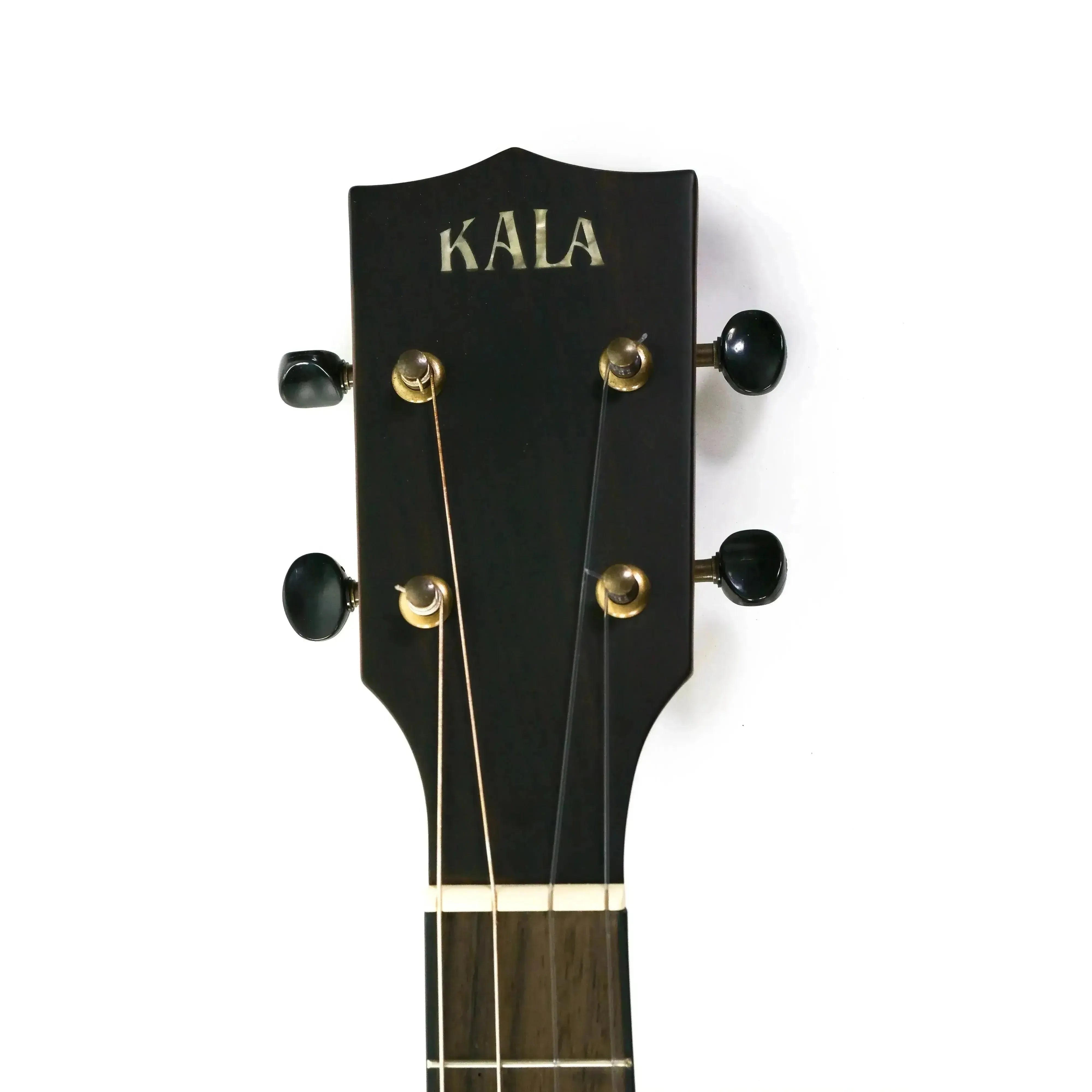 Kala Hawaiian Koa Baritone Ukulele headstock with black tuning pegs and D'Addario Titanium strings.