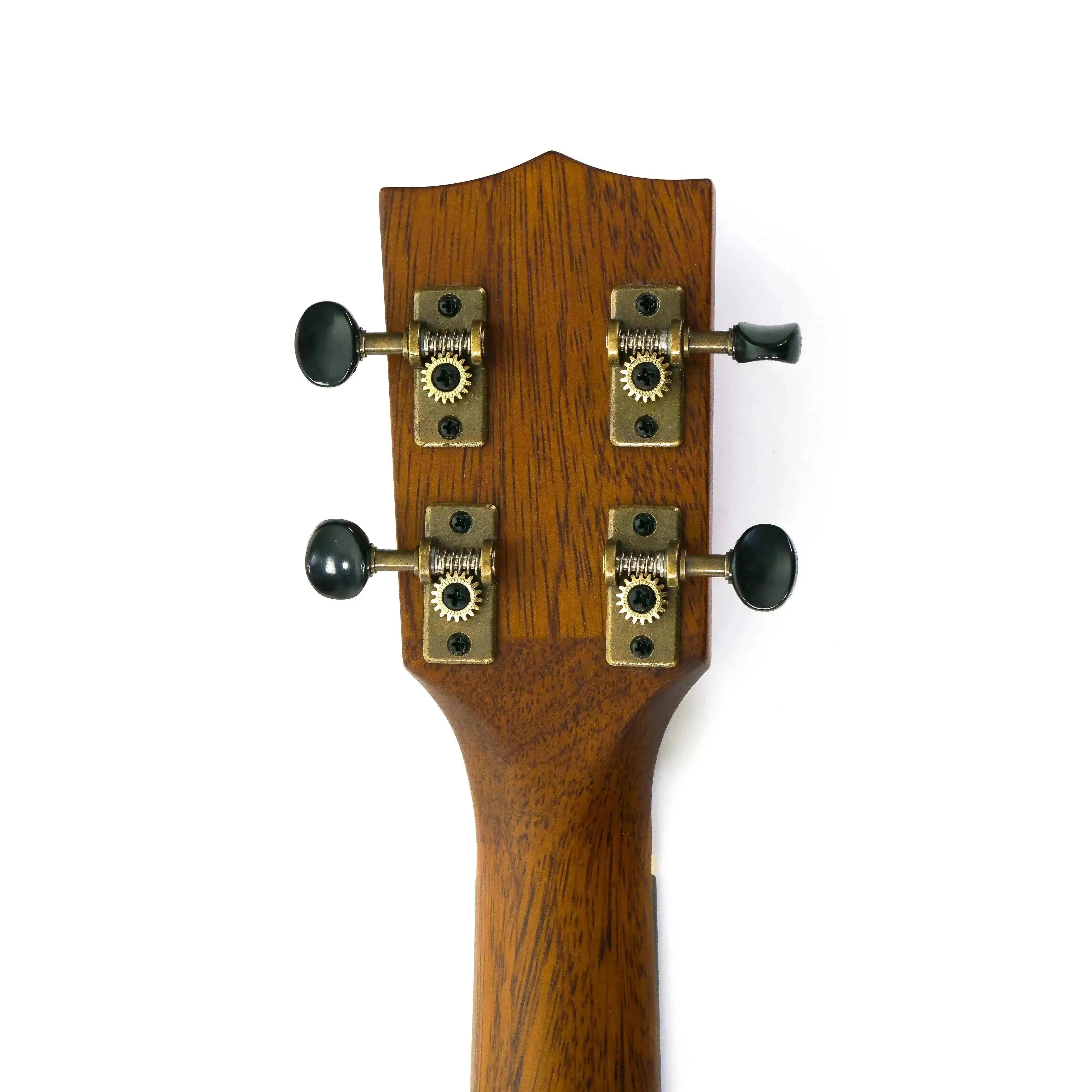 Kala Hawaiian Koa Baritone Ukulele headstock with four black tuners and brass gears.