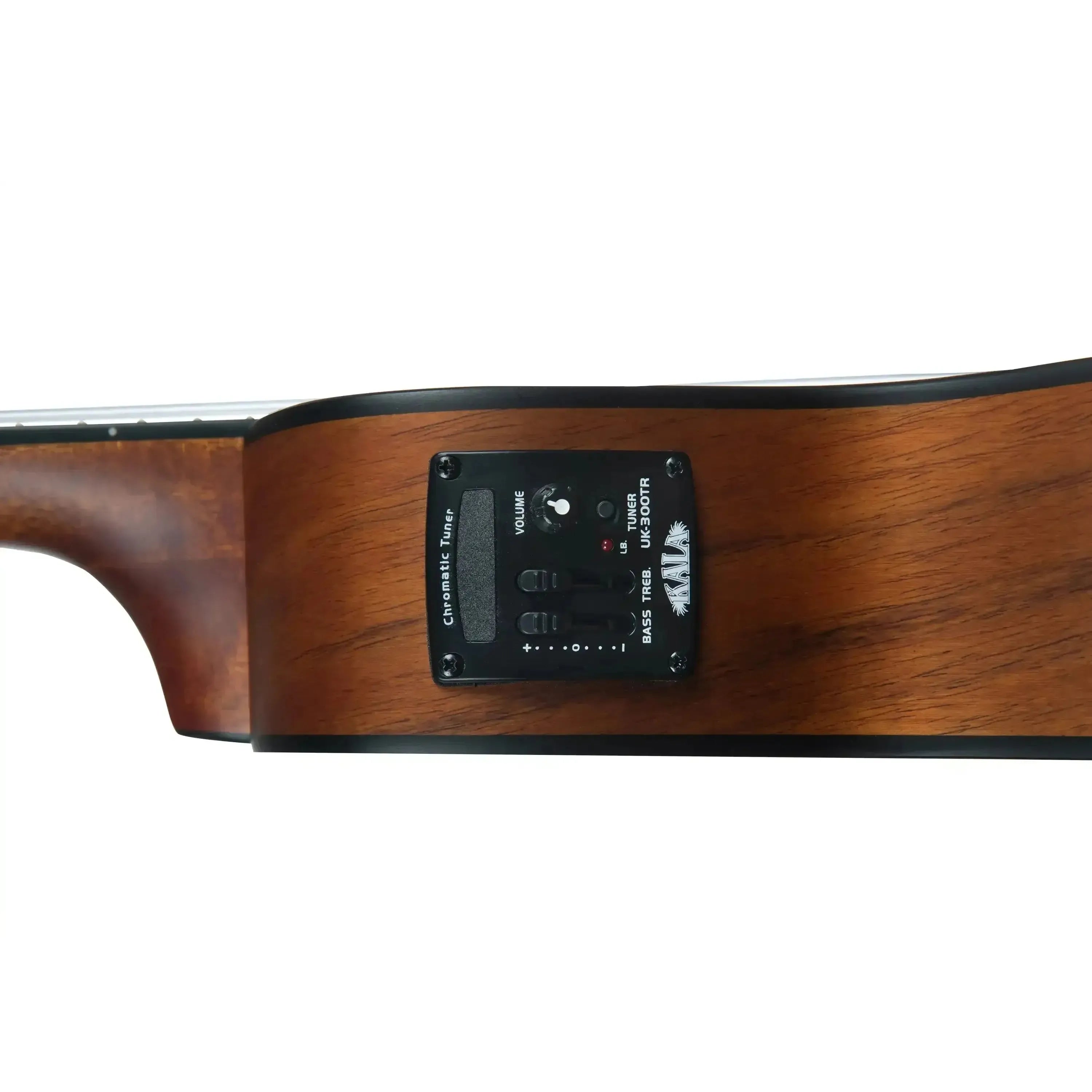 Kala KOA-CE Hawaiian Koa Concert Ukulele's side view, showing the black UK-300TR electronics with tuner, volume, bass, and treble controls.