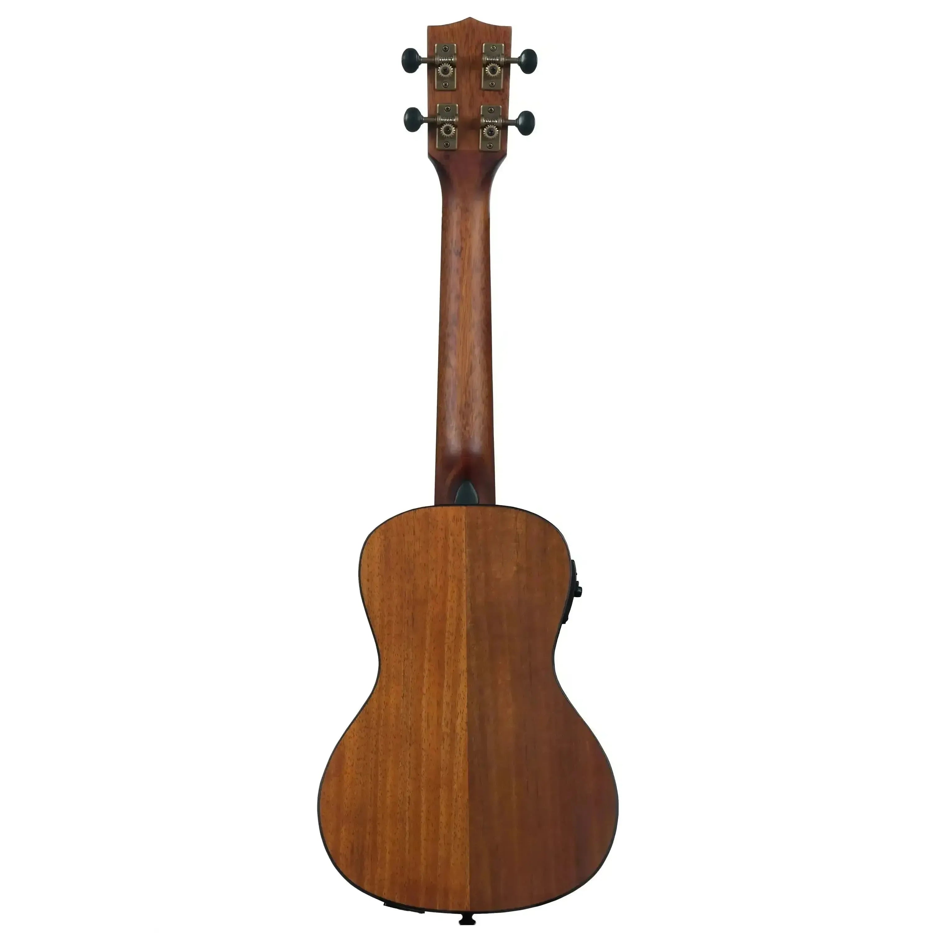 Kala KOA-CE Hawaiian Koa Concert Ukulele, back view, showing rich brown wood grain and black binding.