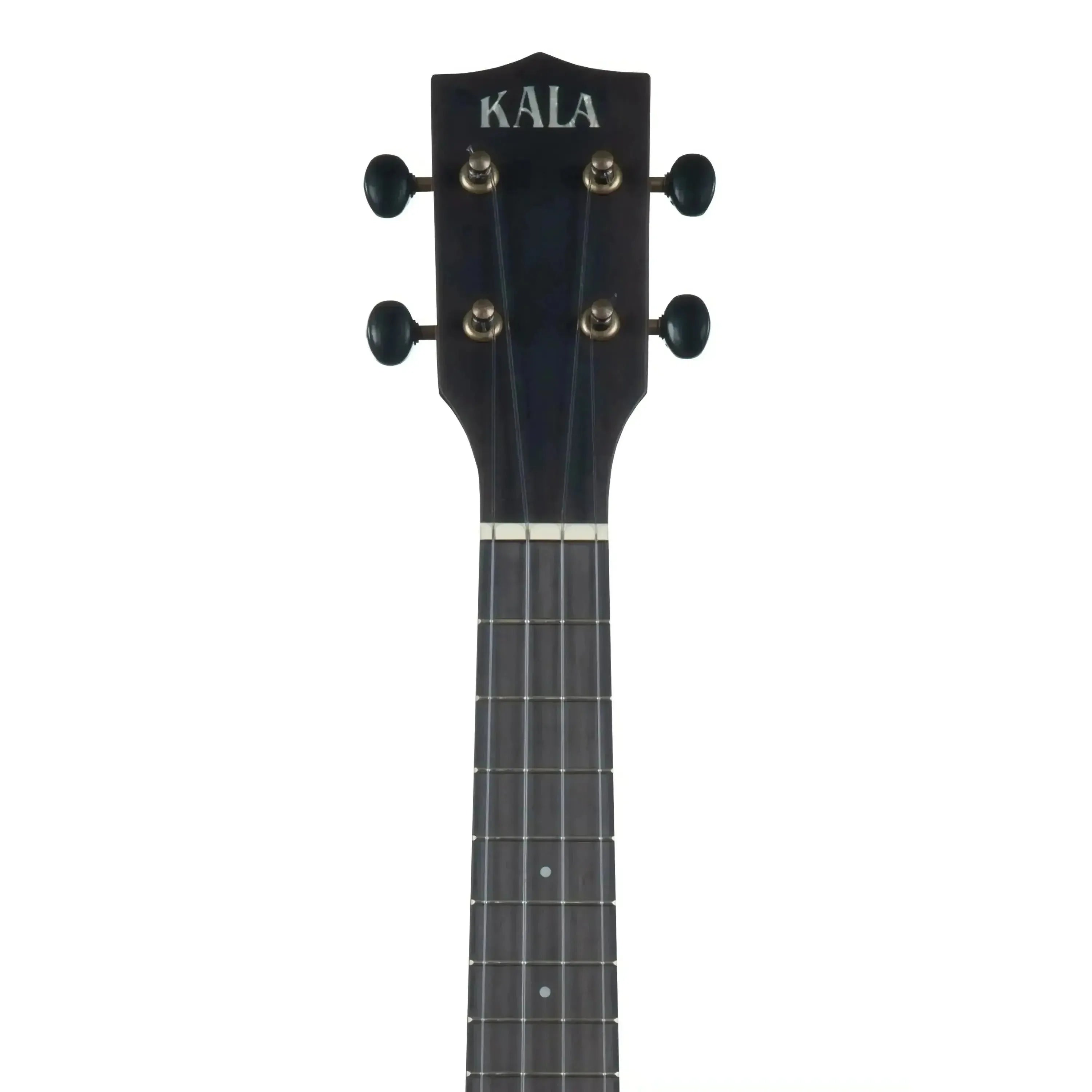 Kala KOA-CE Concert Ukulele headstock with black tuning pegs and "KALA" logo.