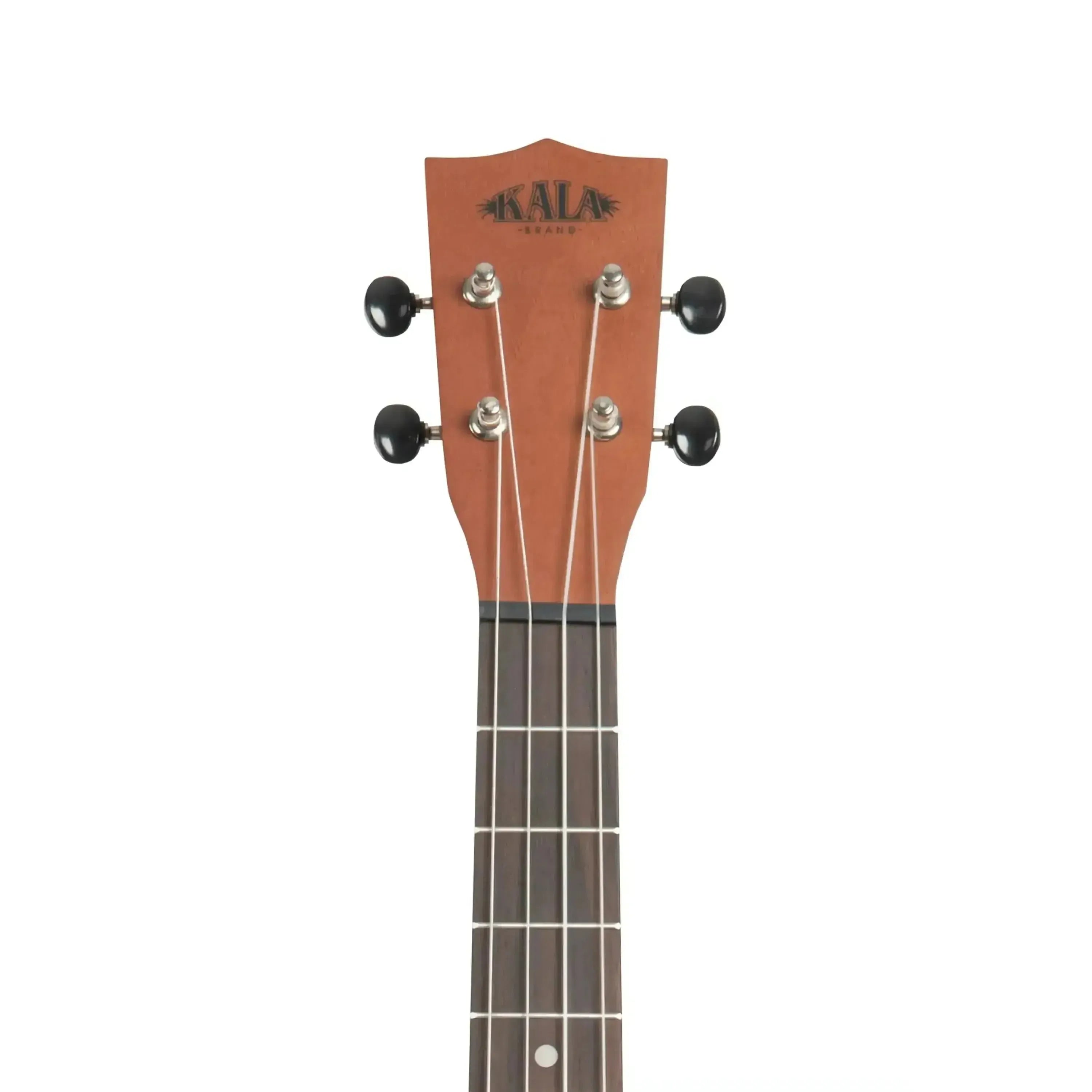 Kala Baritone Ukulele headstock and neck, showing mahogany wood, black tuning pegs, and Aquila strings.