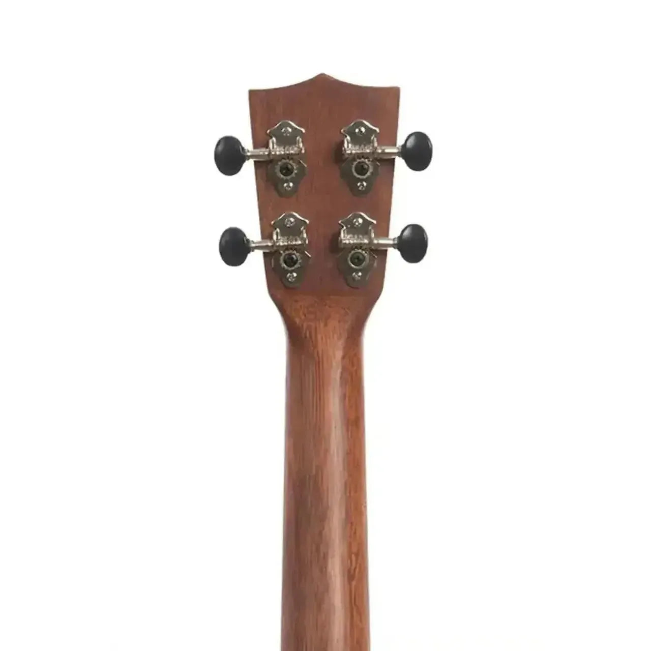 Kala Concert Ukulele mahogany neck and headstock with four black tuning pegs.