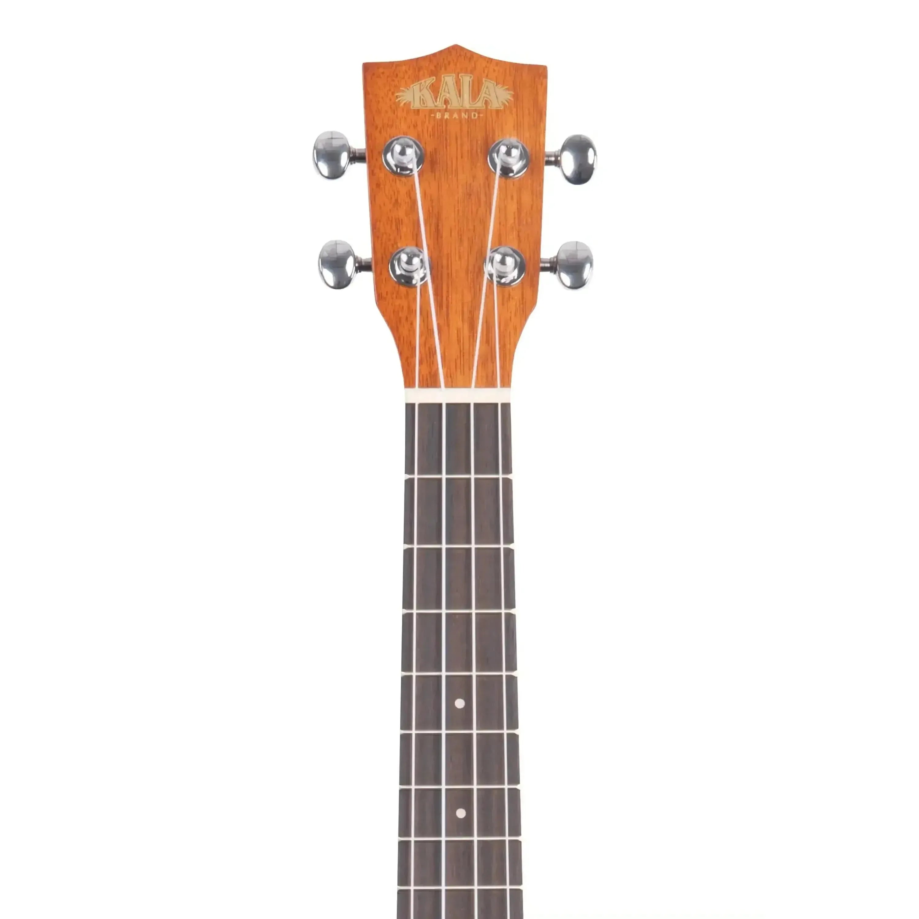 Kala tenor ukulele headstock and fretboard, mahogany finish, silver tuners, white strings.