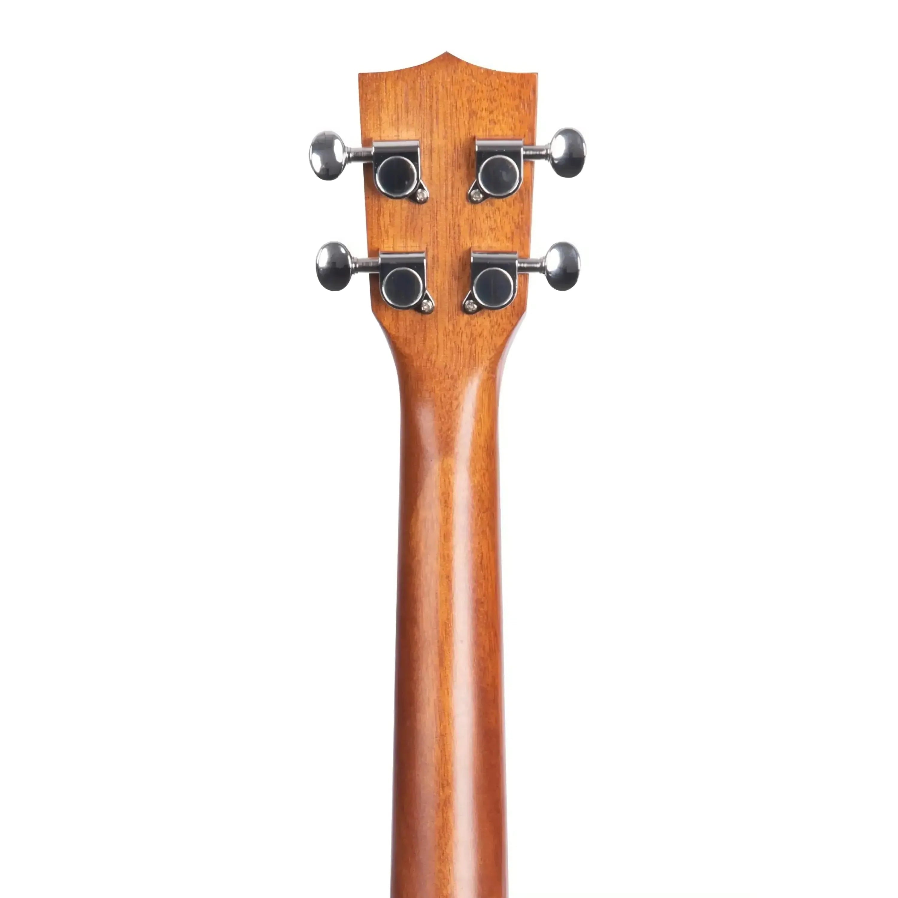 Kala Mandy Harvey tenor ukulele headstock and neck, showing mahogany wood and chrome tuners.