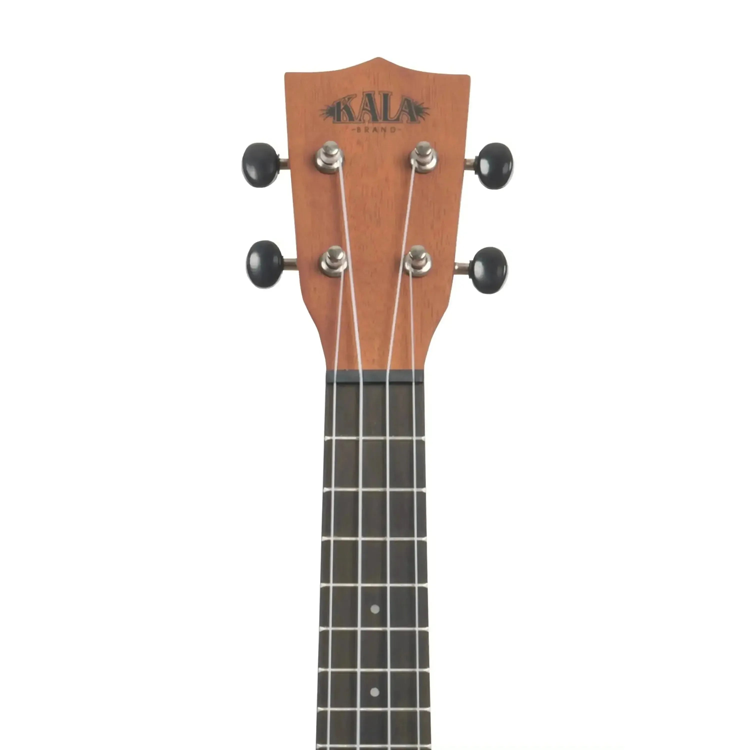 Kala soprano ukulele headstock and neck, mahogany with black tuners and rosewood fingerboard.