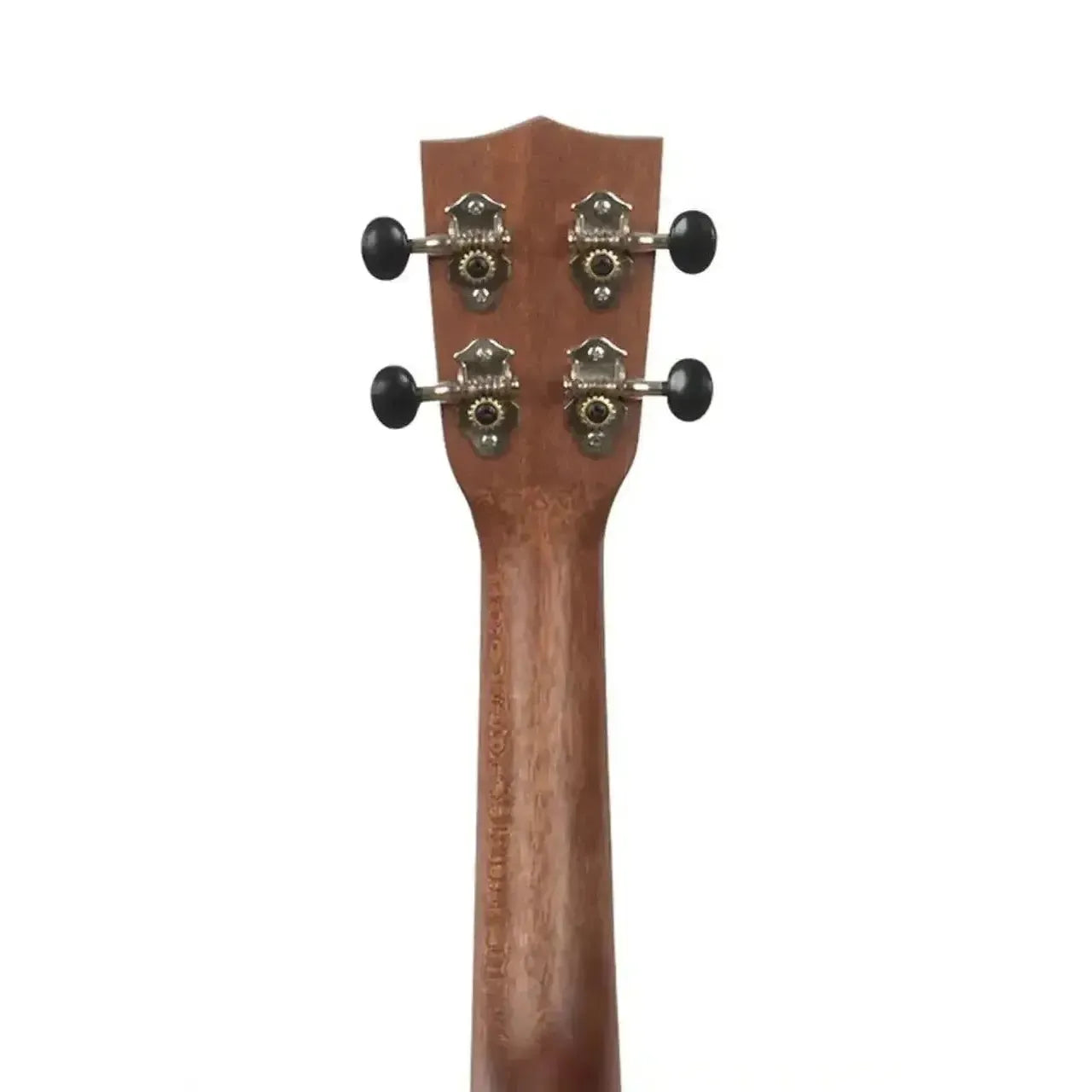 Back of Kala soprano ukulele headstock and neck, showing tuning pegs and meranti wood.