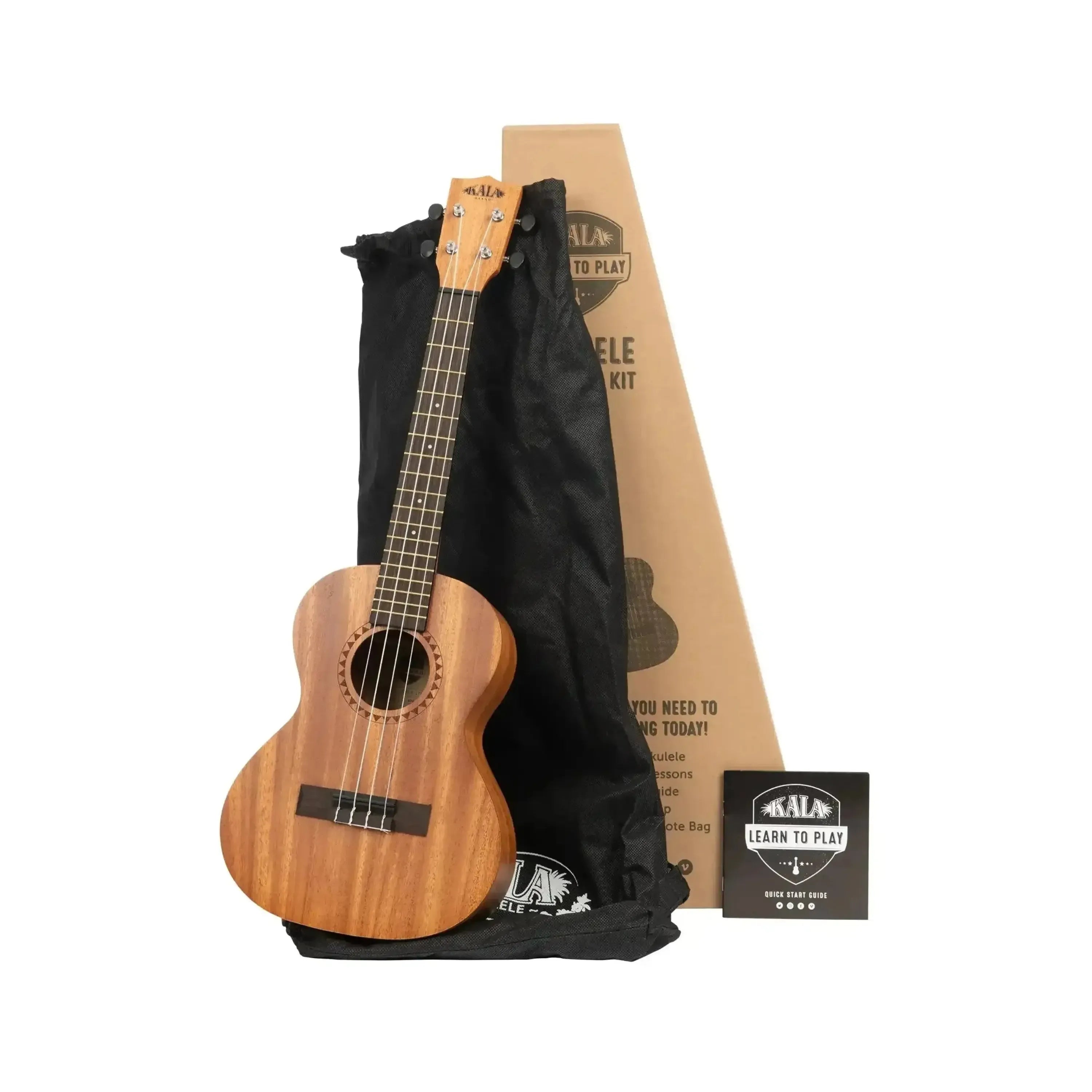 Kala LTP-T Learn To Play Tenor Ukulele Starter Kit with mahogany laminate, black gig bag, and box.