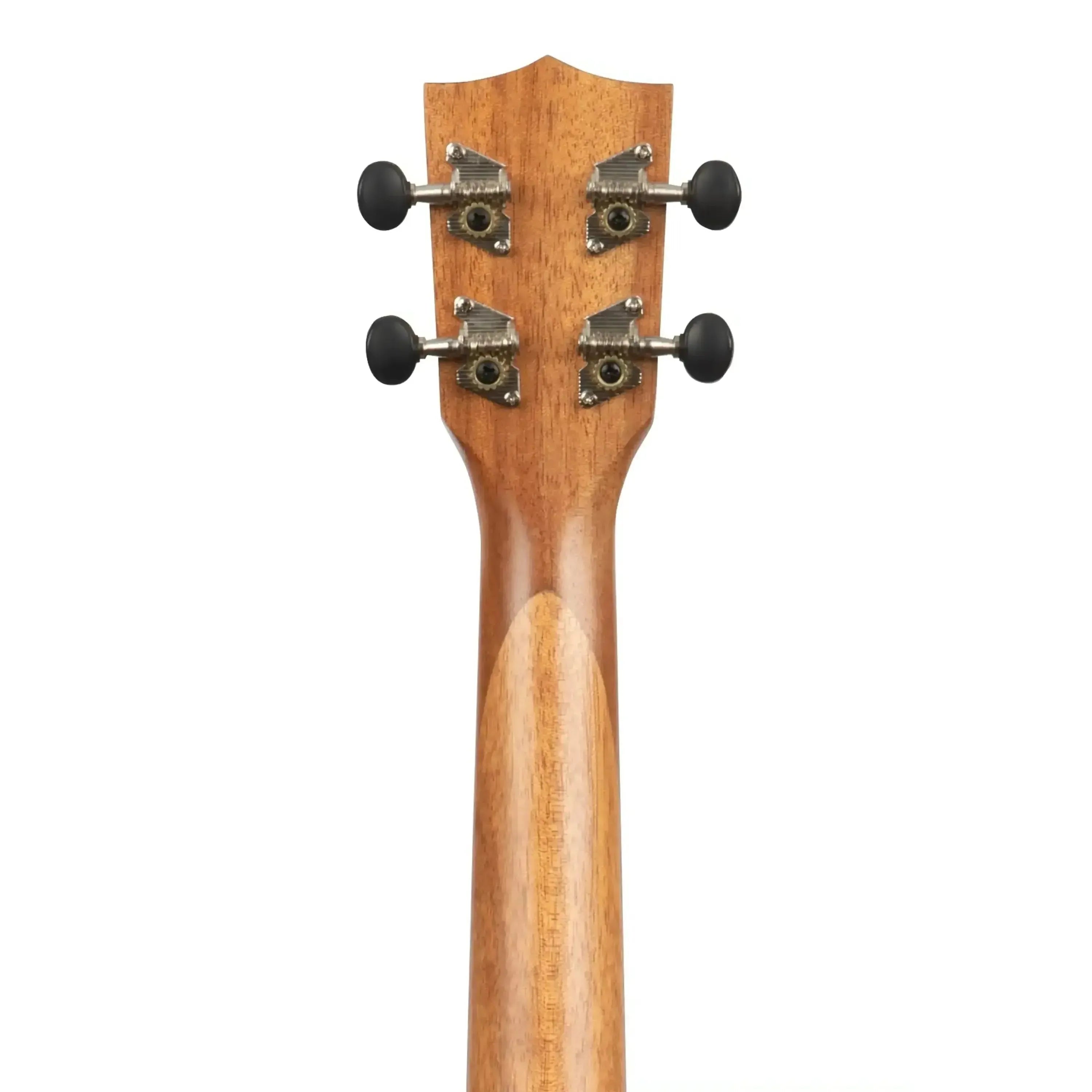 Back of Kala tenor ukulele headstock and neck, showing mahogany wood grain and black tuning pegs.