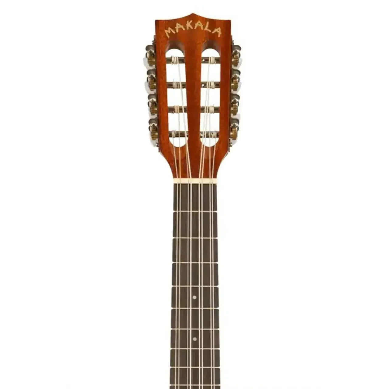 Makala MK-8 mahogany 8-string tenor ukulele headstock with gold tuners and rosewood fingerboard.