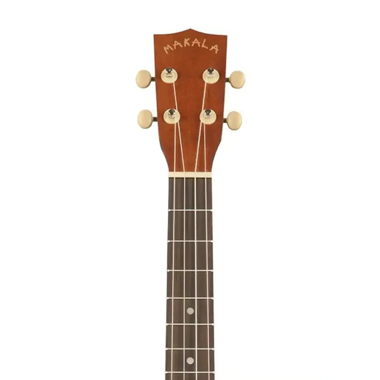 Makala MK-B Baritone Ukulele headstock with mahogany finish, cream tuning pegs, and rosewood fretboard.