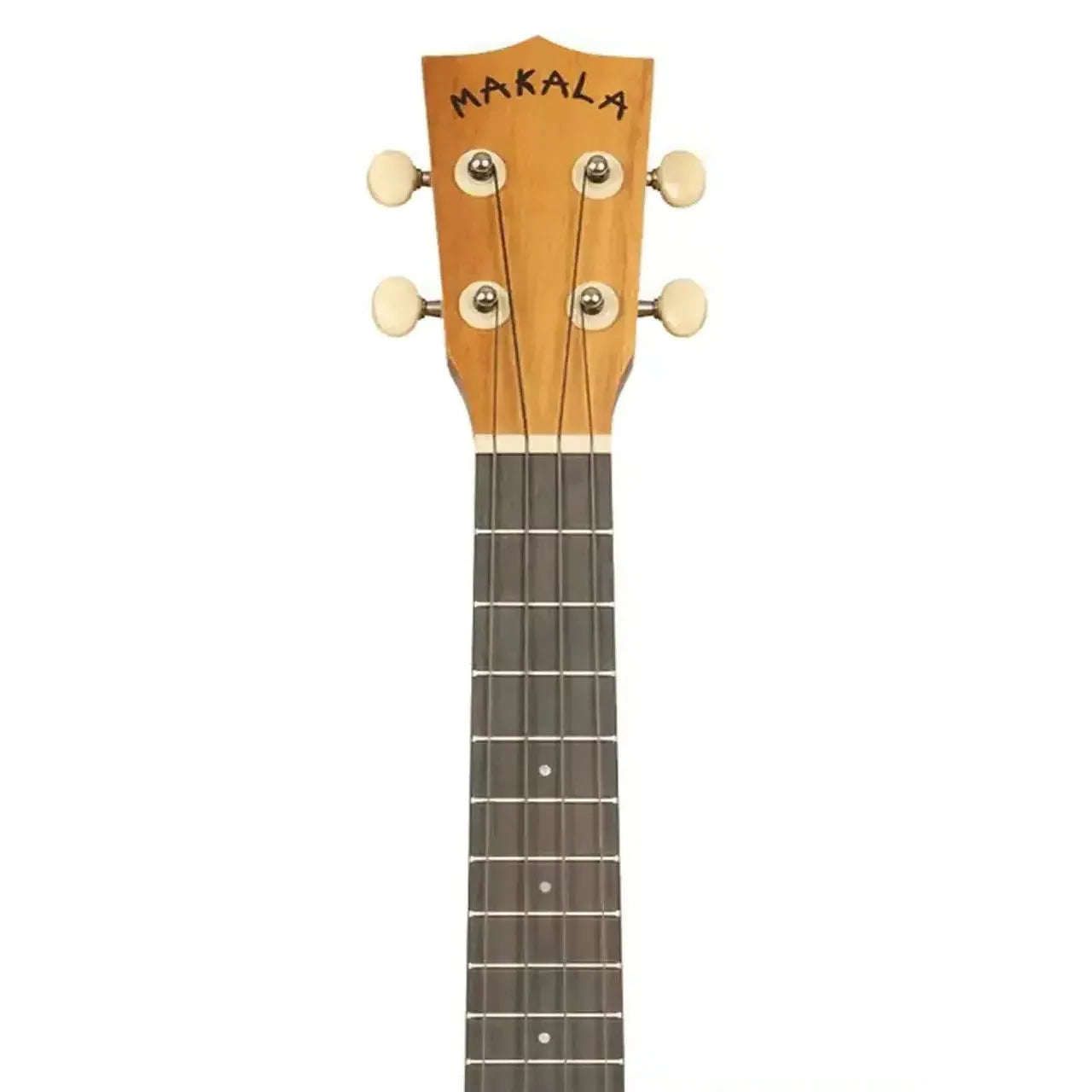 Kala Makala Indonesian Acacia Concert Ukulele headstock with "MAKALA" logo, tuning pegs, and fretboard.