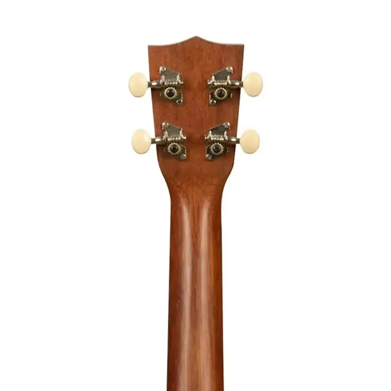 Back of Kala Makala MK-C mahogany concert ukulele headstock with four cream tuning pegs.
