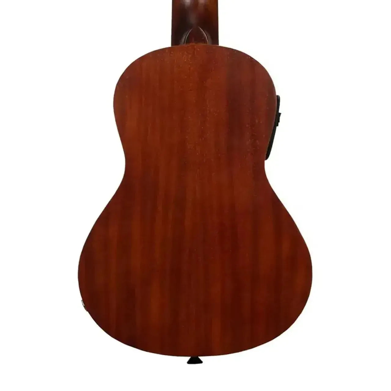 Kala Makala MK-CE concert ukulele, back view, rich mahogany wood with satin finish and pickup.
