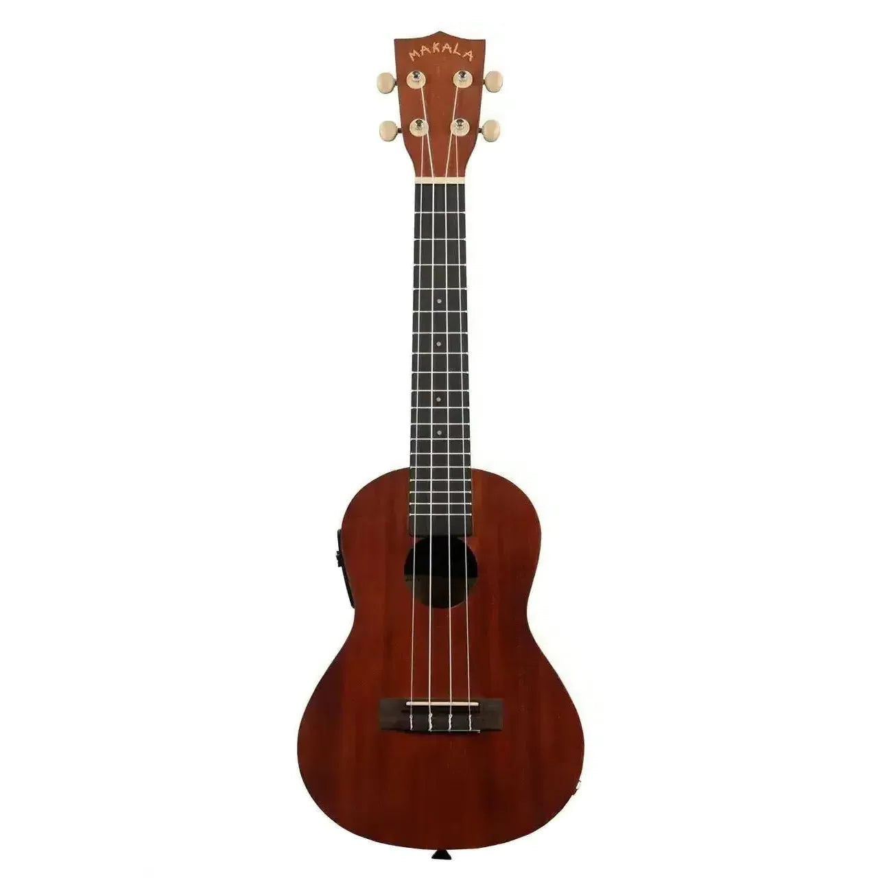 Kala Makala MK-CE mahogany concert ukulele with pickup, dark wood finish, and light tuning pegs.