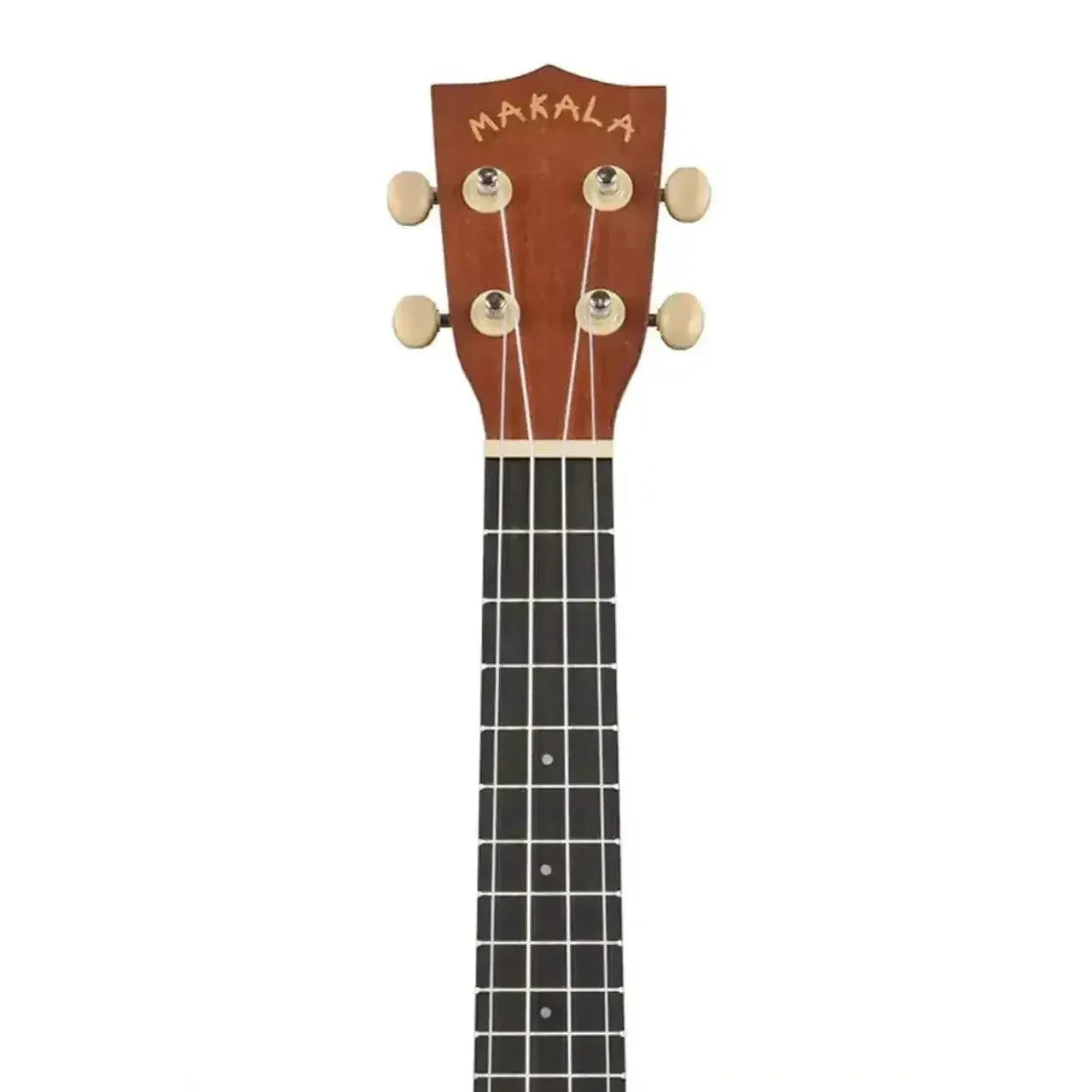 Makala MK-CE mahogany concert ukulele headstock with cream tuning pegs and dark fretboard.