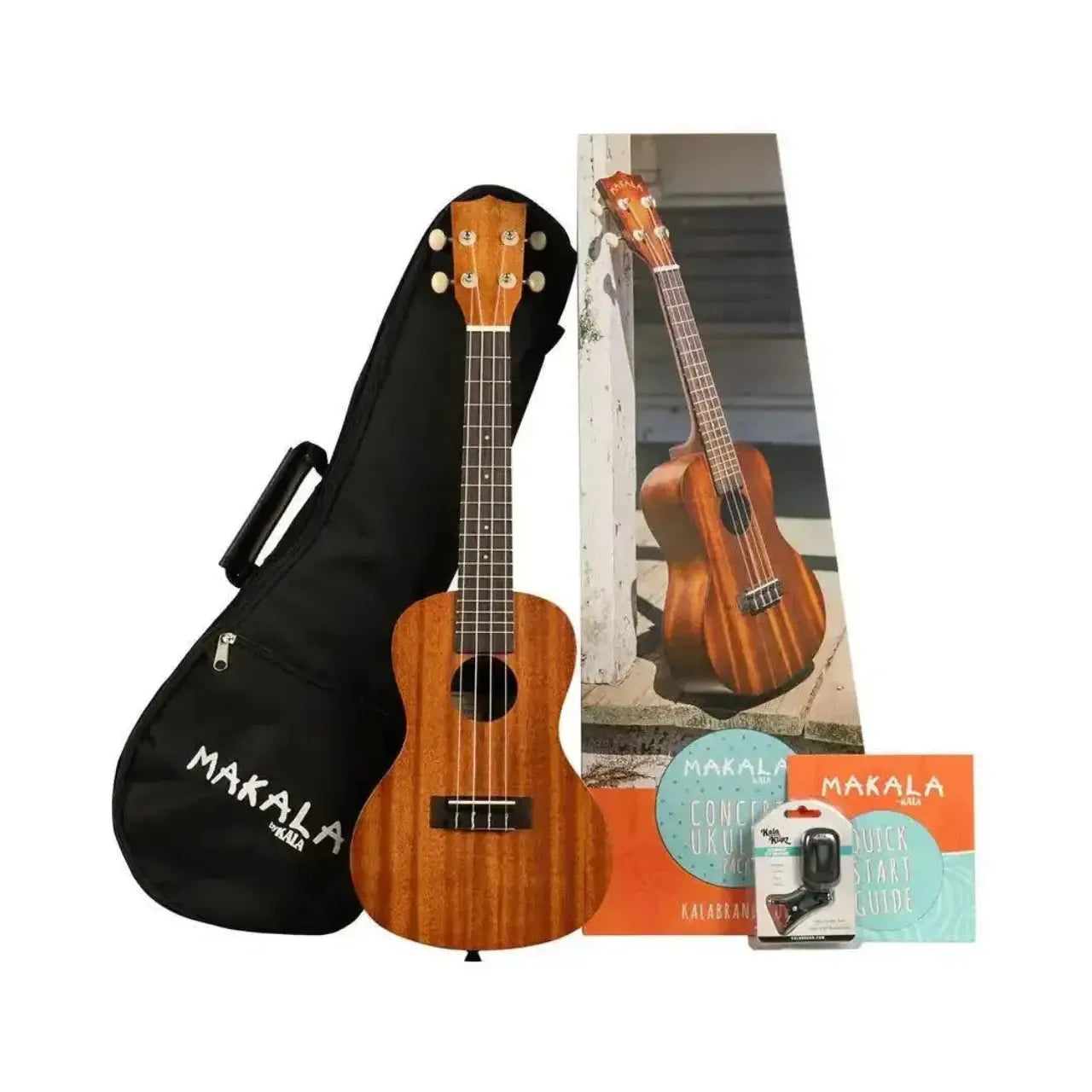 Kala Makala MK-C/PACK mahogany concert ukulele pack with black gig bag, tuner, and quick start guide.