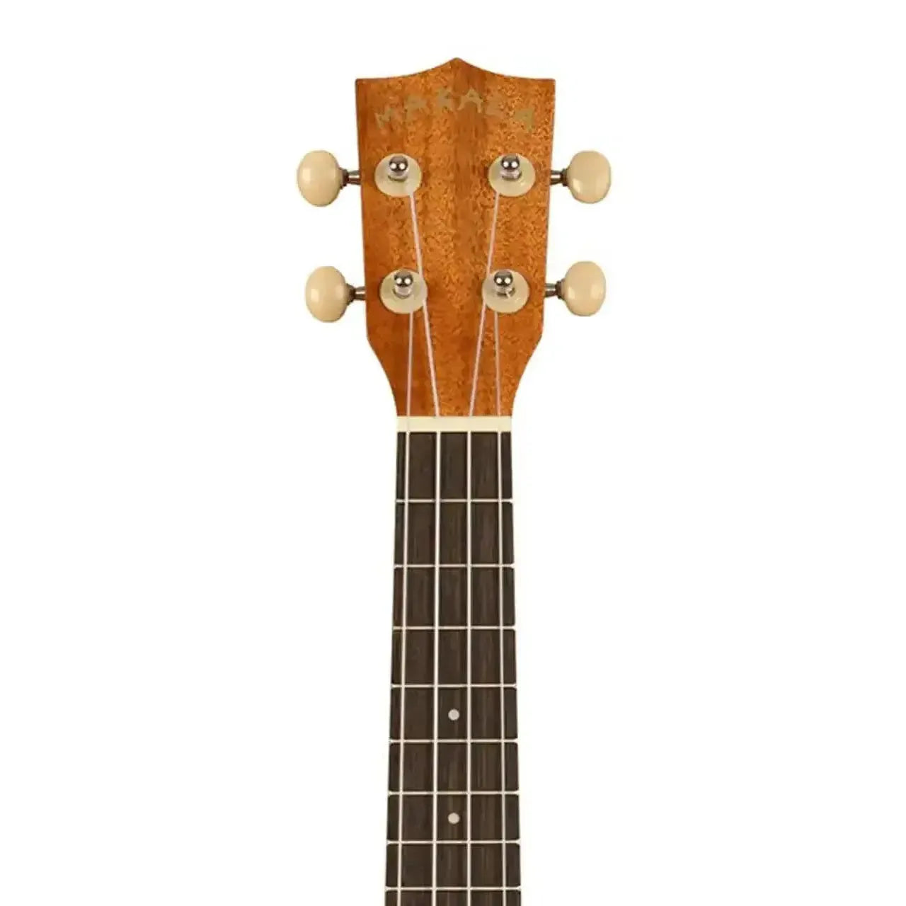 Kala Makala concert ukulele headstock and fretboard, natural mahogany wood with cream tuning pegs.