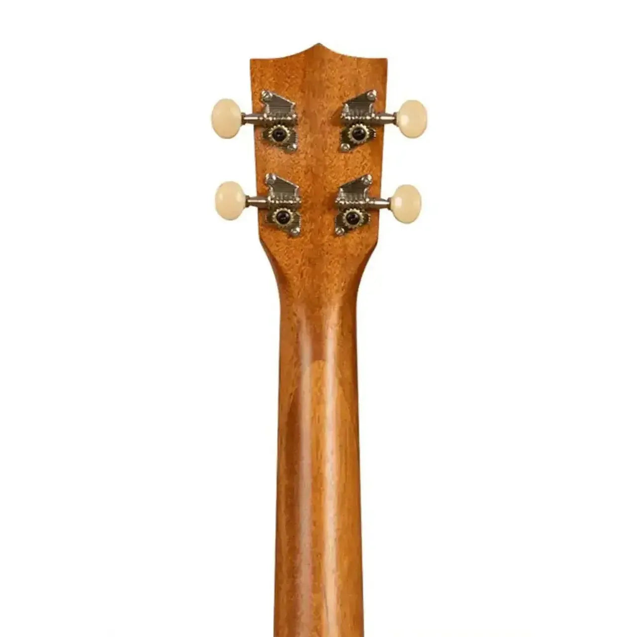 Kala Makala mahogany concert ukulele headstock and neck with four cream tuning pegs.