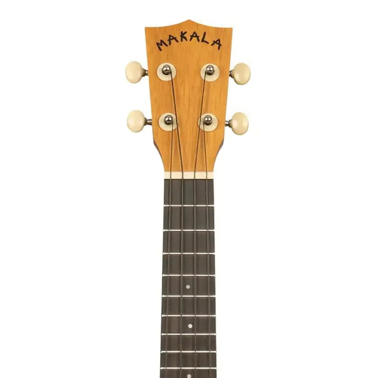 Makala soprano ukulele headstock and fretboard, natural Indonesian Acacia wood with cream tuners.