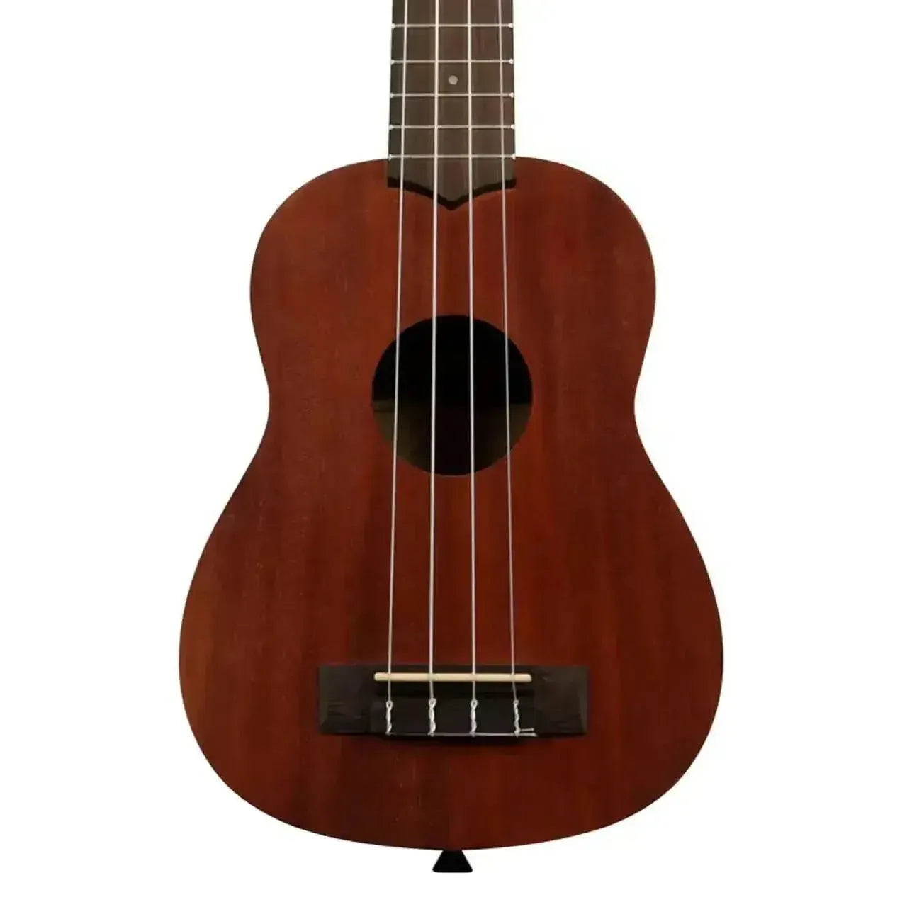 Kala Makala MK-S mahogany soprano ukulele body with dark brown wood grain and black soundhole.
