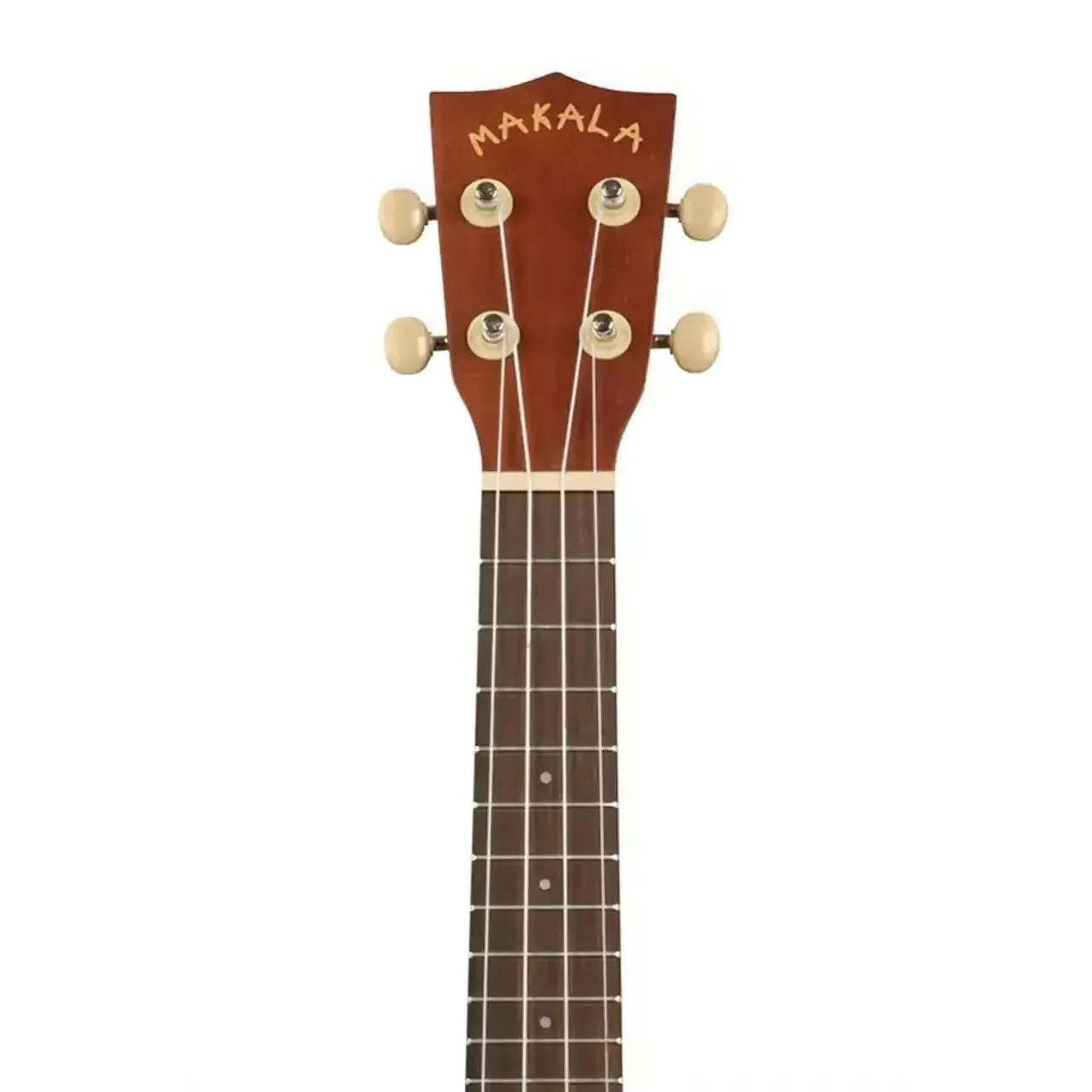 Makala MK-S soprano ukulele headstock and fretboard, mahogany with cream tuners.